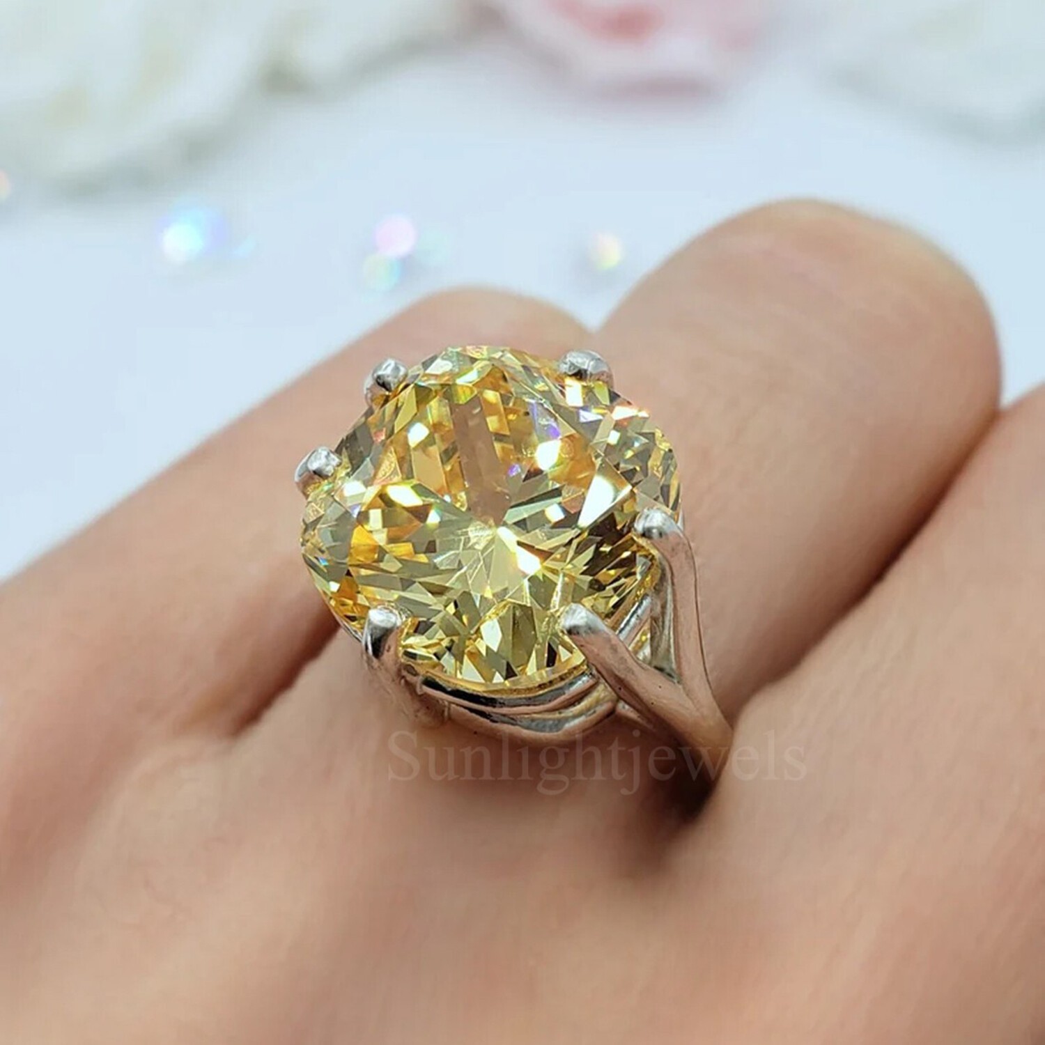 Cushion Champagne Lab Grown Diamond Solitaire Ring 11.3Ct EGL Certified Silver