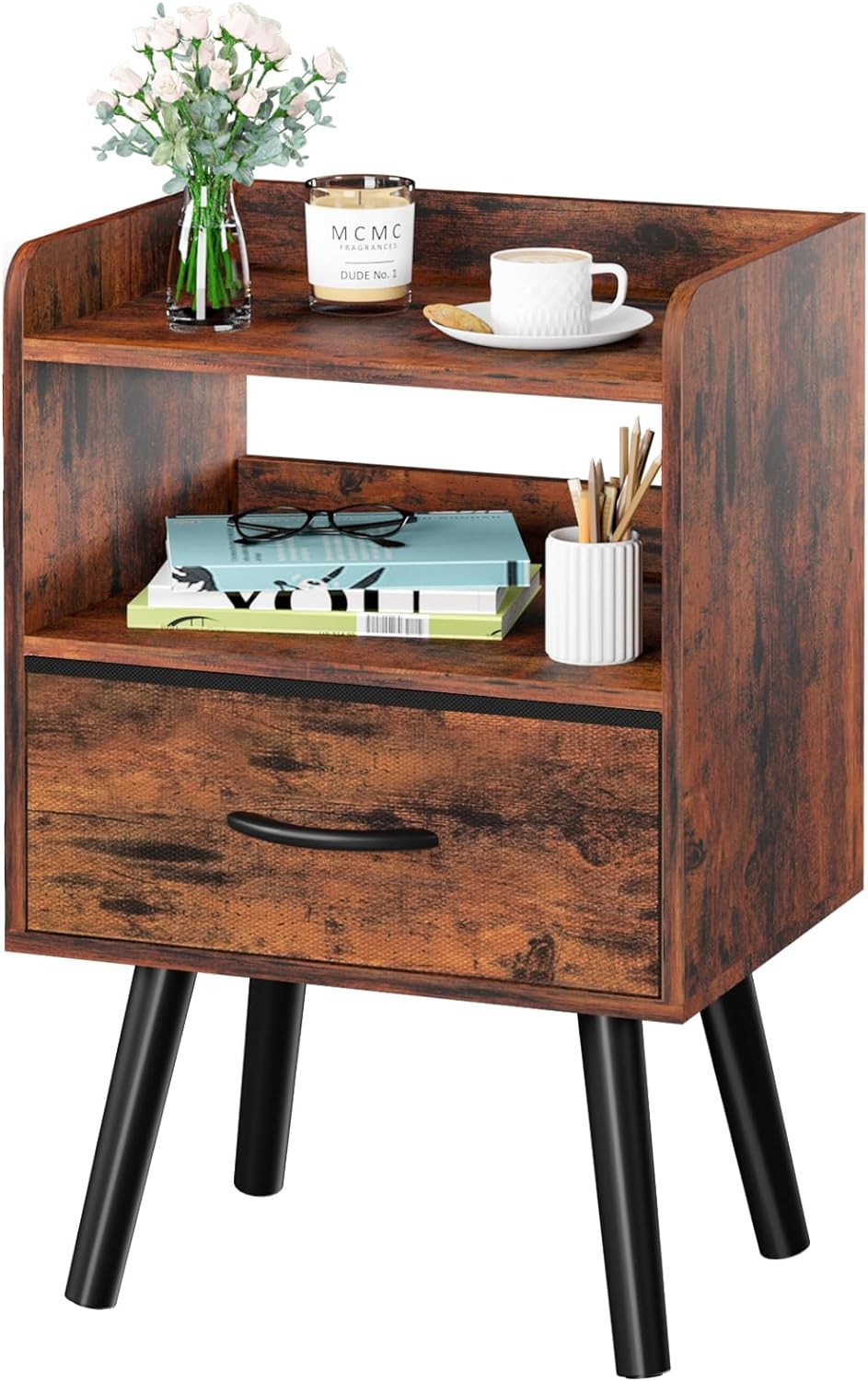 Yoobure Night Stand with Fabric Drawer, Modern Nightstand, Berry Brown