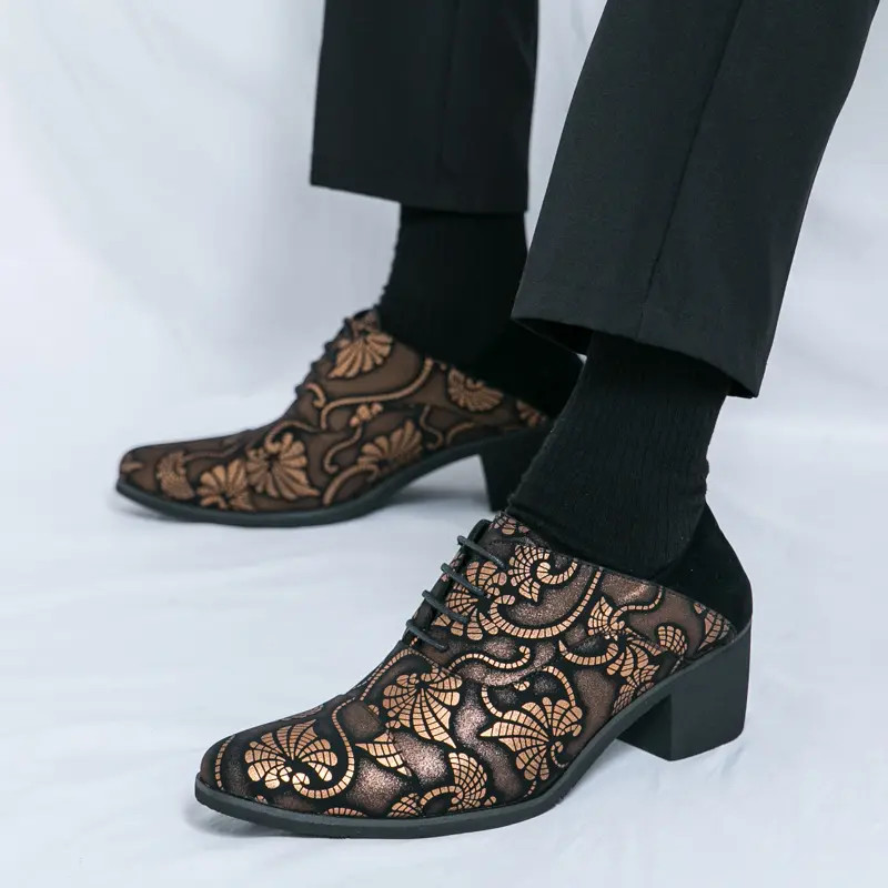 39-46 Plus Size Mens Pointed Toe Floral Print Lace Up Cuban Heel Dress Shoes New