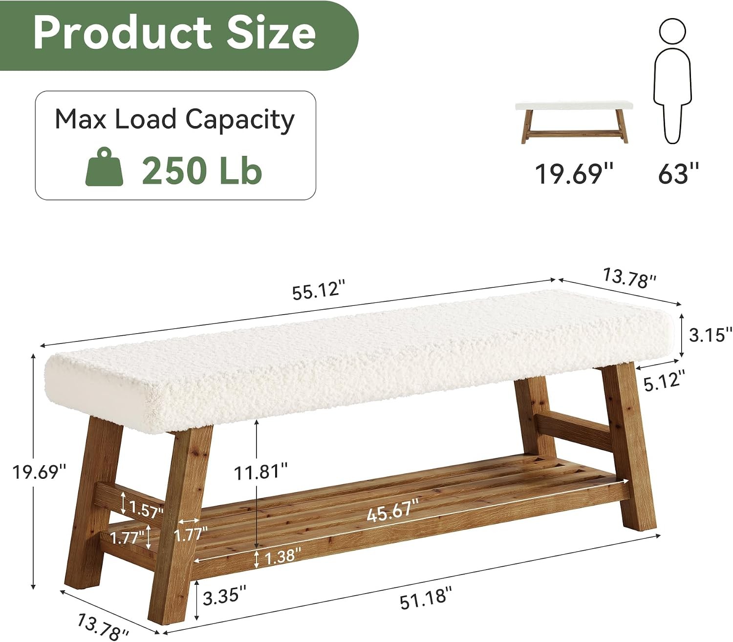 55" Upholstered Bench Modern Solid Wood Shoe Bench with Cushion for Entryway