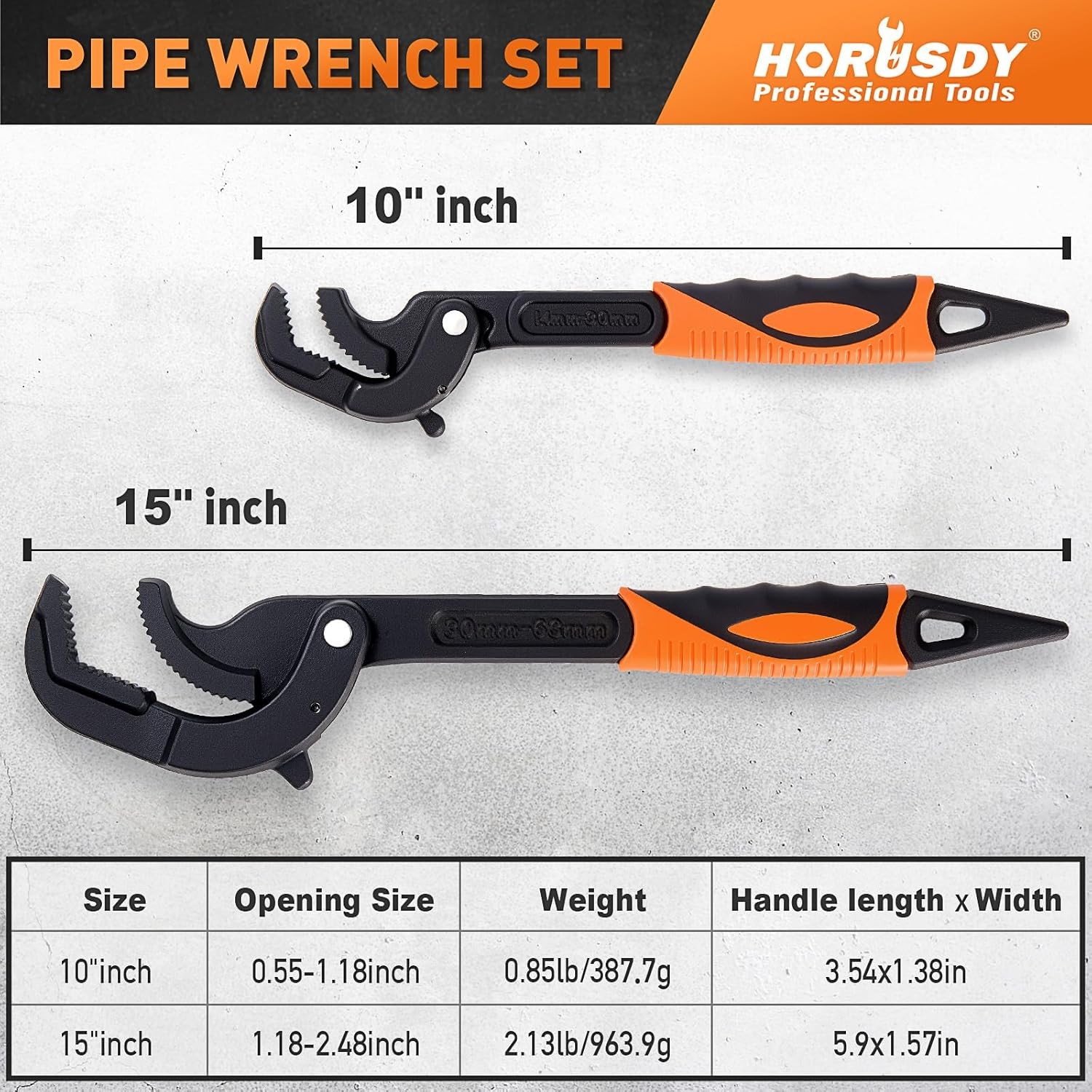 2 Piece Heavy Duty Pipe Wrench Set 10” and 15” Self Adjusting Pipe Wrenches