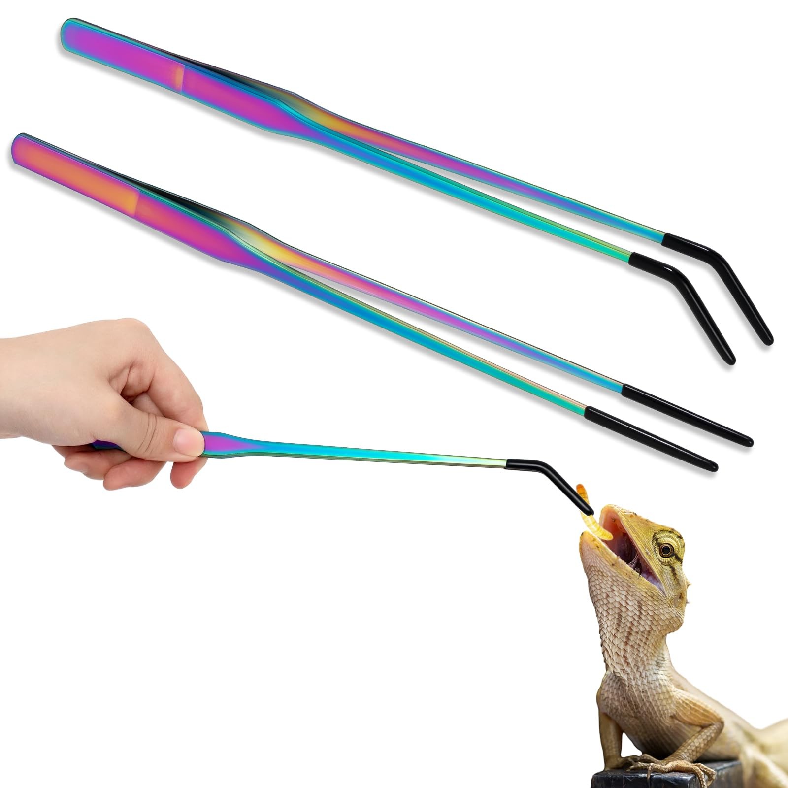 Lasnten 2 Pcs Extra Long Stainless Steel Reptile 10 Inch, 10.5 Colorful