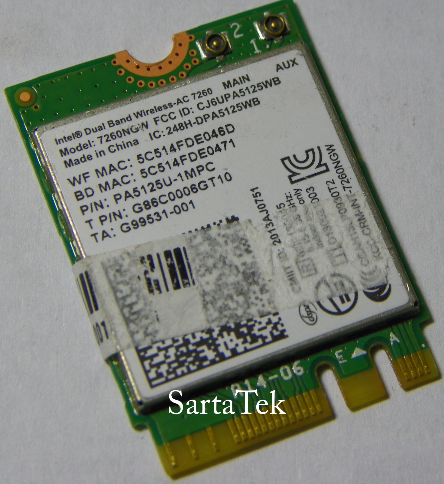 Toshiba OEM P/N G86C0006GT10 Dual Band Wireless-AC 7260 7260NGW BT PCIe NGFF