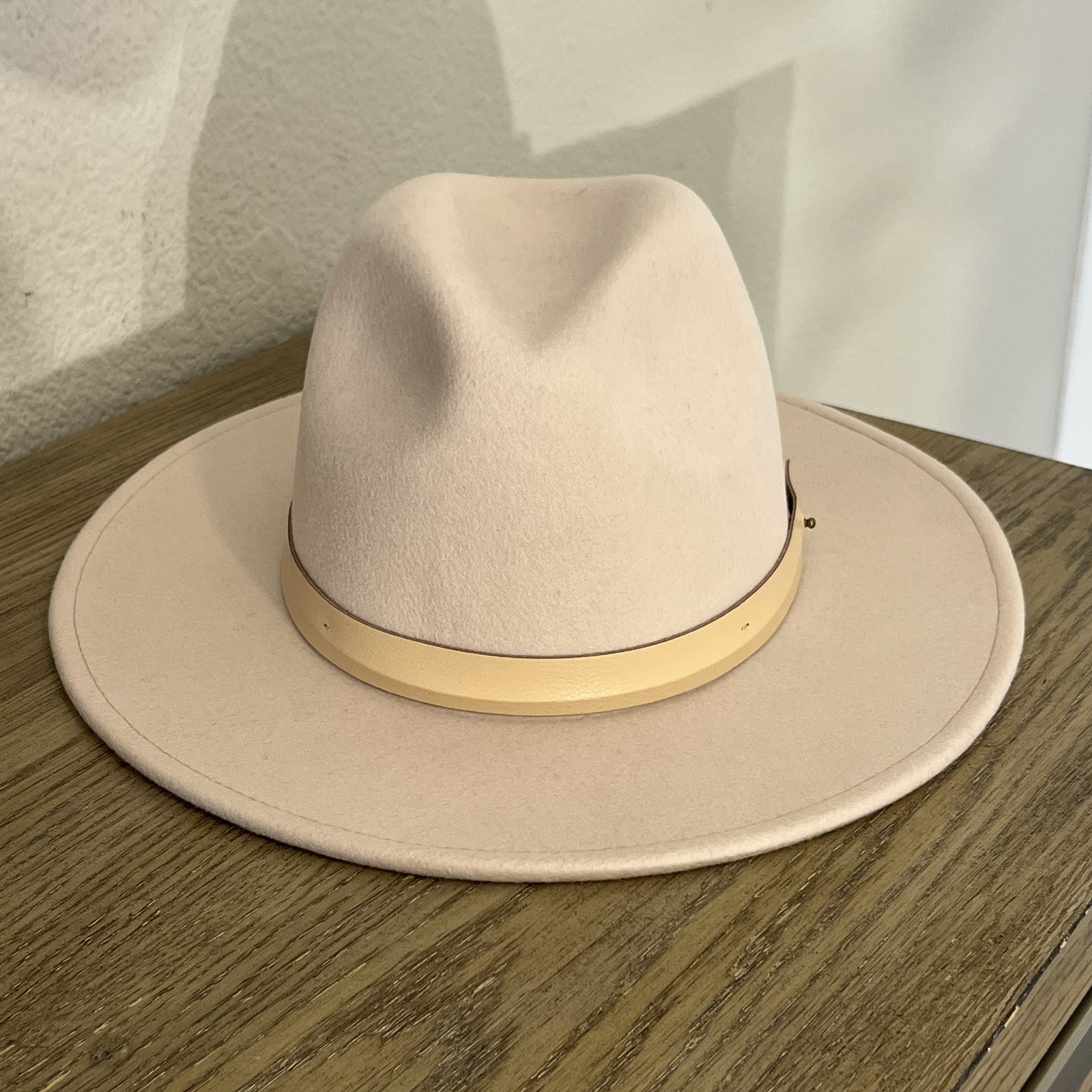 Gigi Pip Shiloh Tall Fedora hat blush pink nude leather trim size 57 S/M