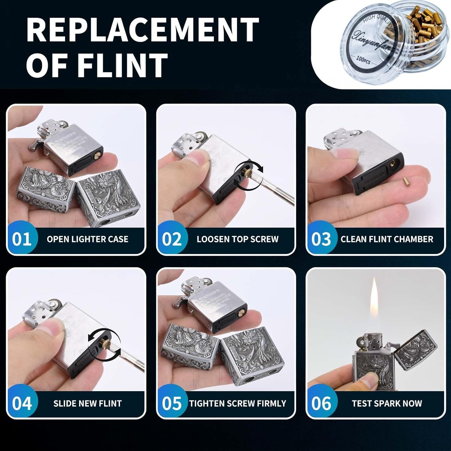 Lighter Flints and Wick Set, Lighter Repair Kit (100 Pcs Flints, Lighter Gasket,