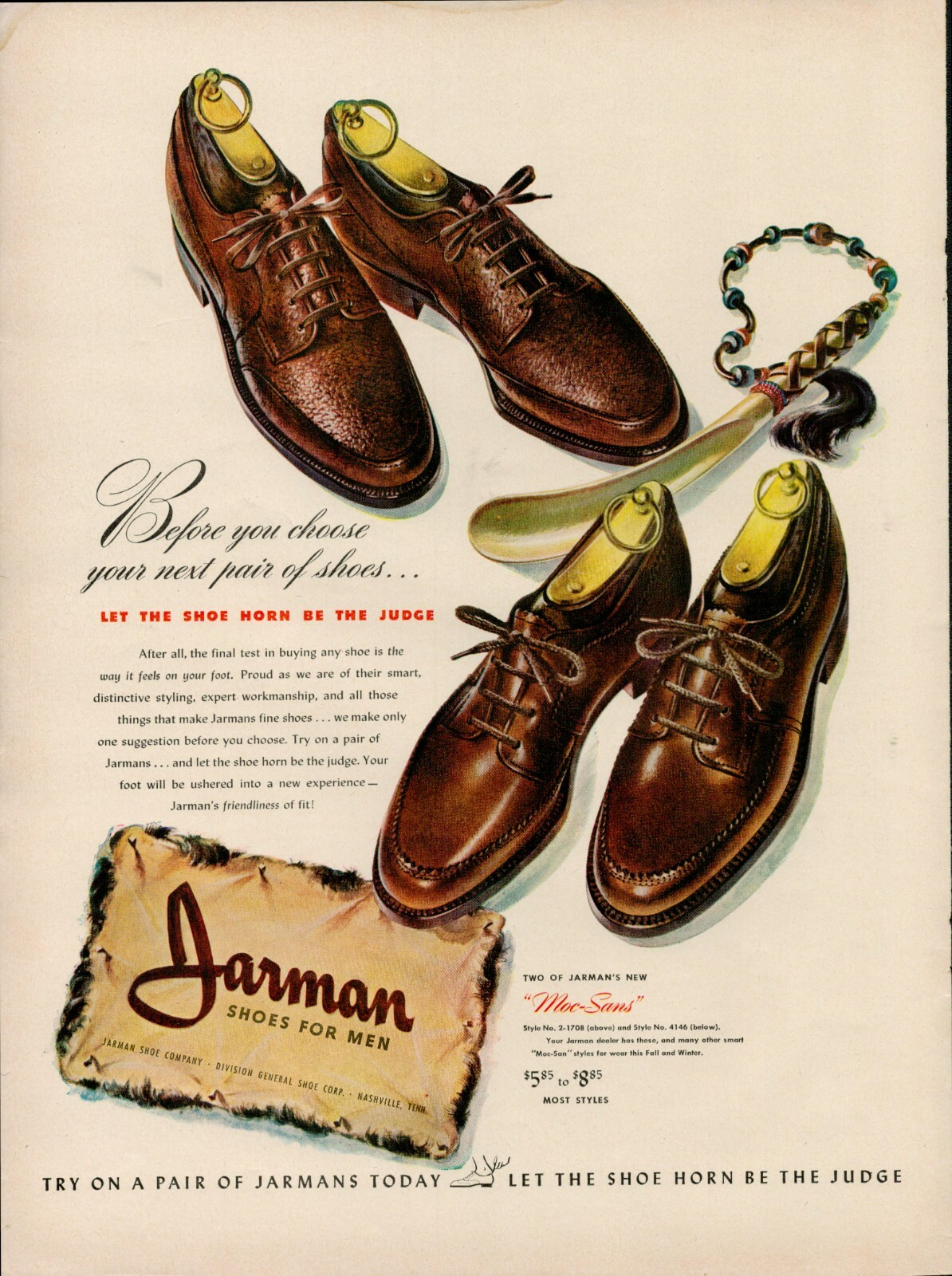 1942 Jarman Shoes Men Vintage Old Print Ad Shoe Horn Nashville Tennessee