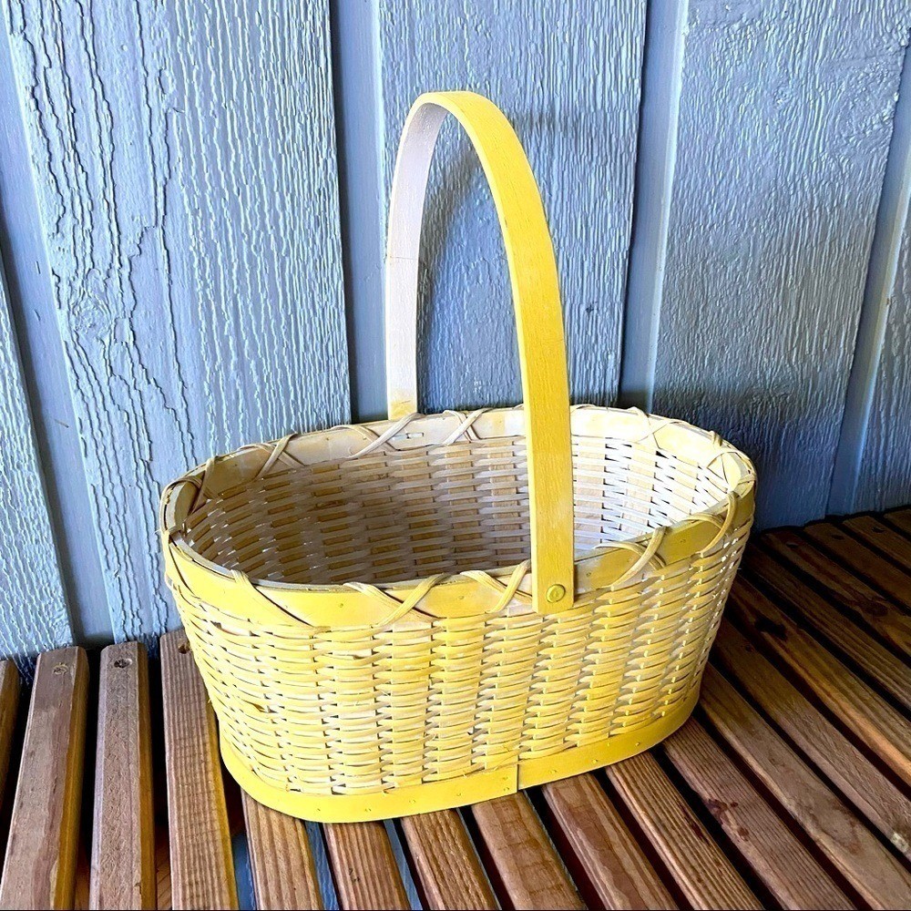 Vintage Yellow Basket Wood Wooden Easter Holiday Baby Shower Woven Cottagecore