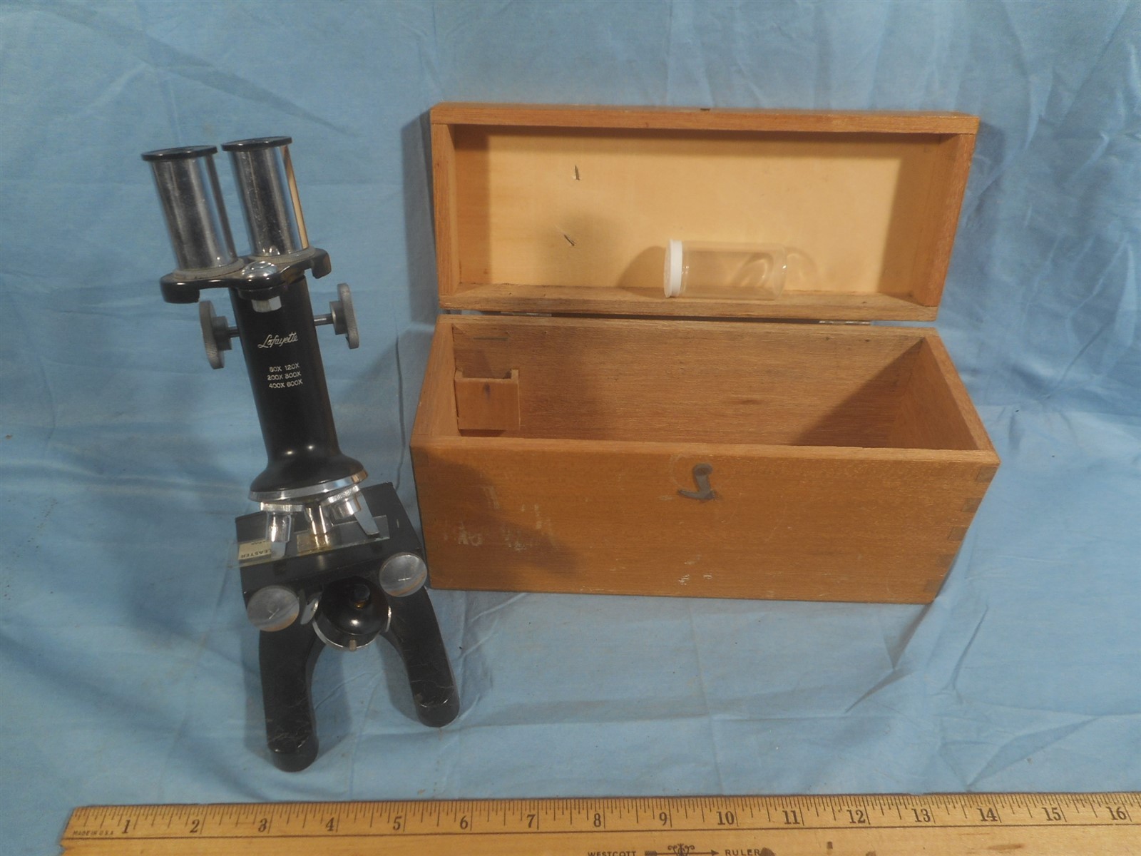 Vintage F-334 LAFAYETTE 80x 120x 200x 300x 400x 600x MICROSCOPE in WOODEN BOX