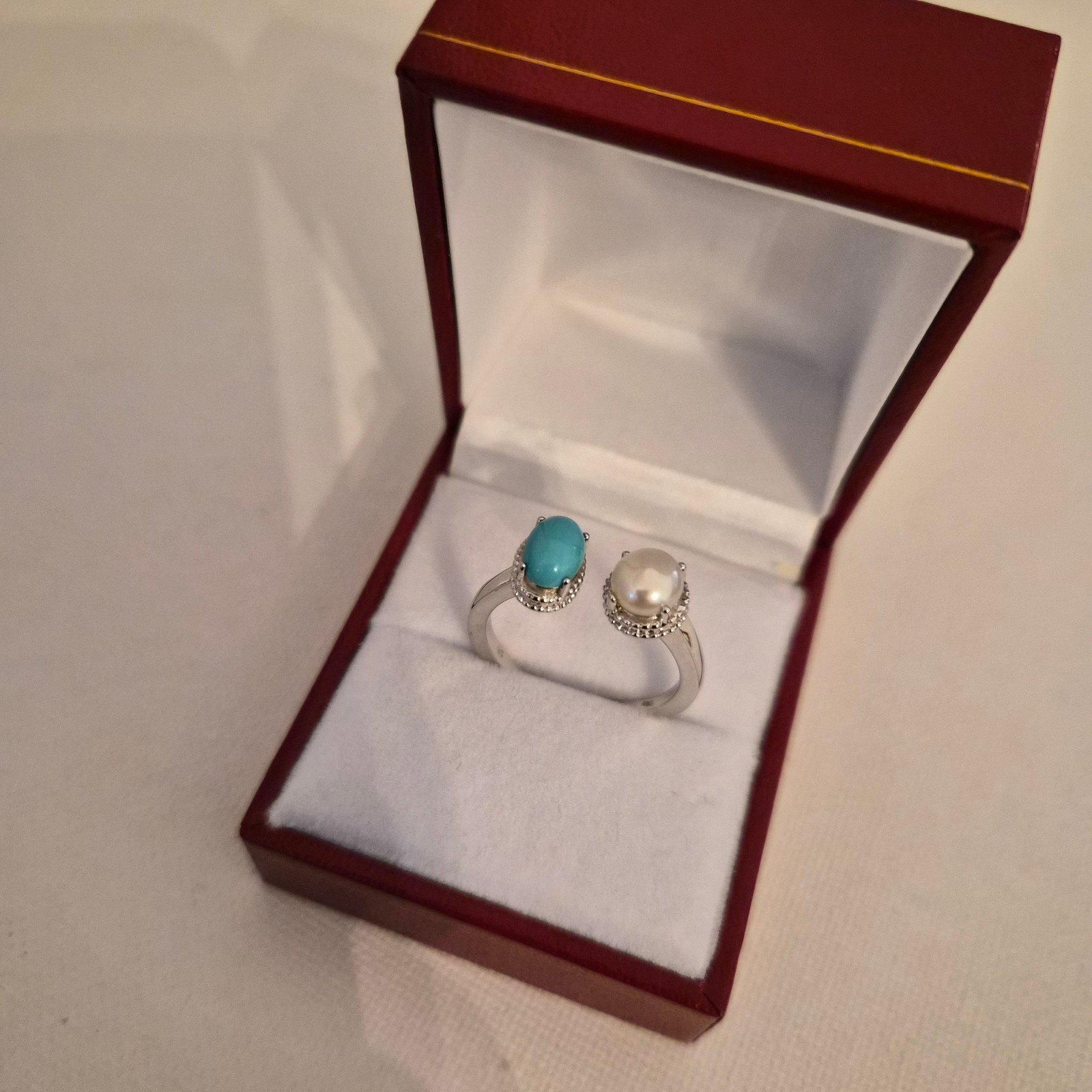 Sleeping Beauty Turquoise & Pearl Ring in platinum over Silver