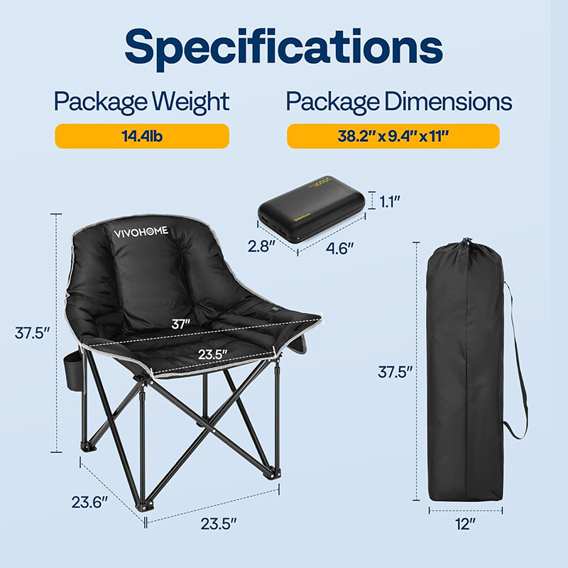 Foldable Oversized Heated Camping Chair w/ Power Bank for Adults Fast Charging