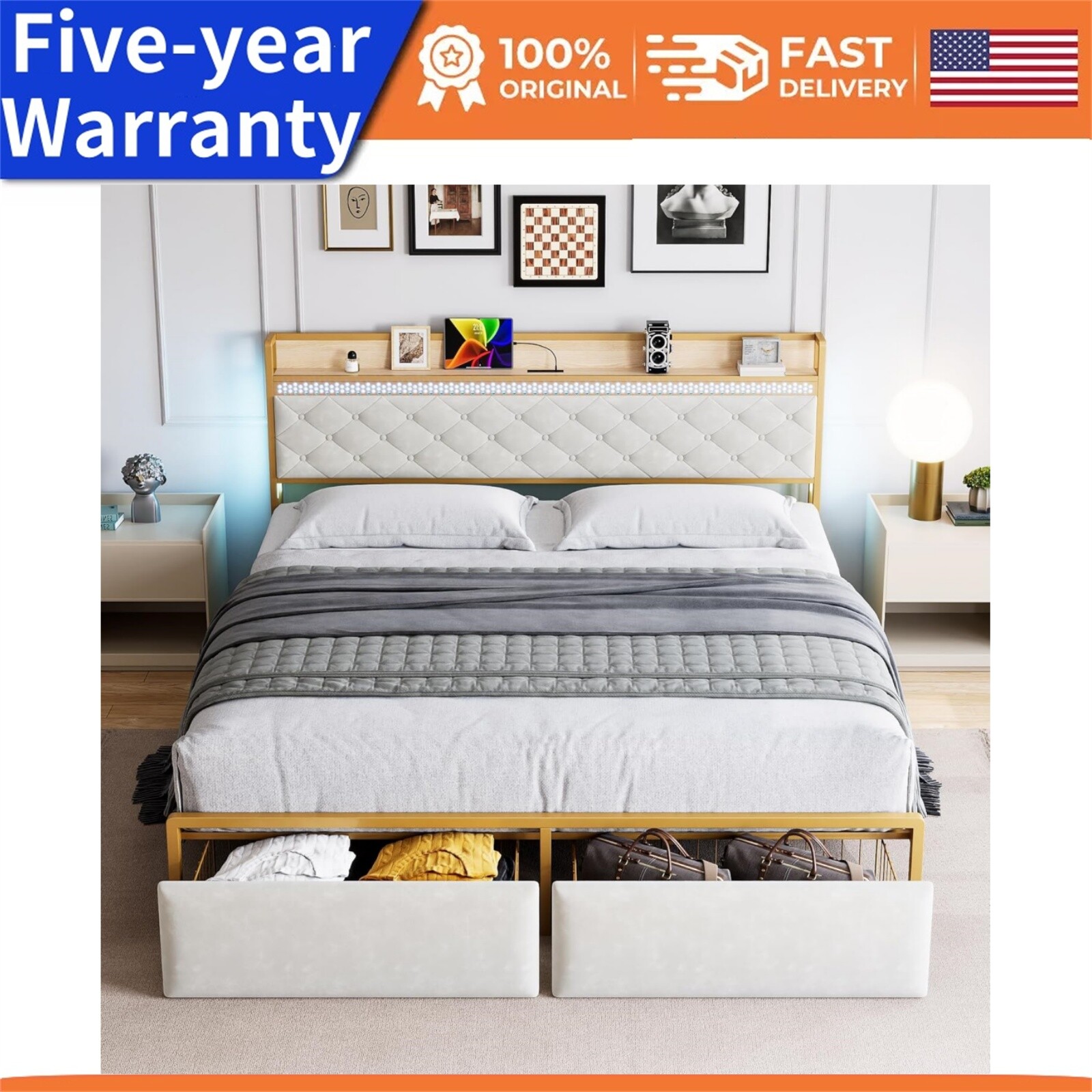✅King Size Bed Frme Pltform Bed Frme with LED Lights Chrging Sttion Drwe