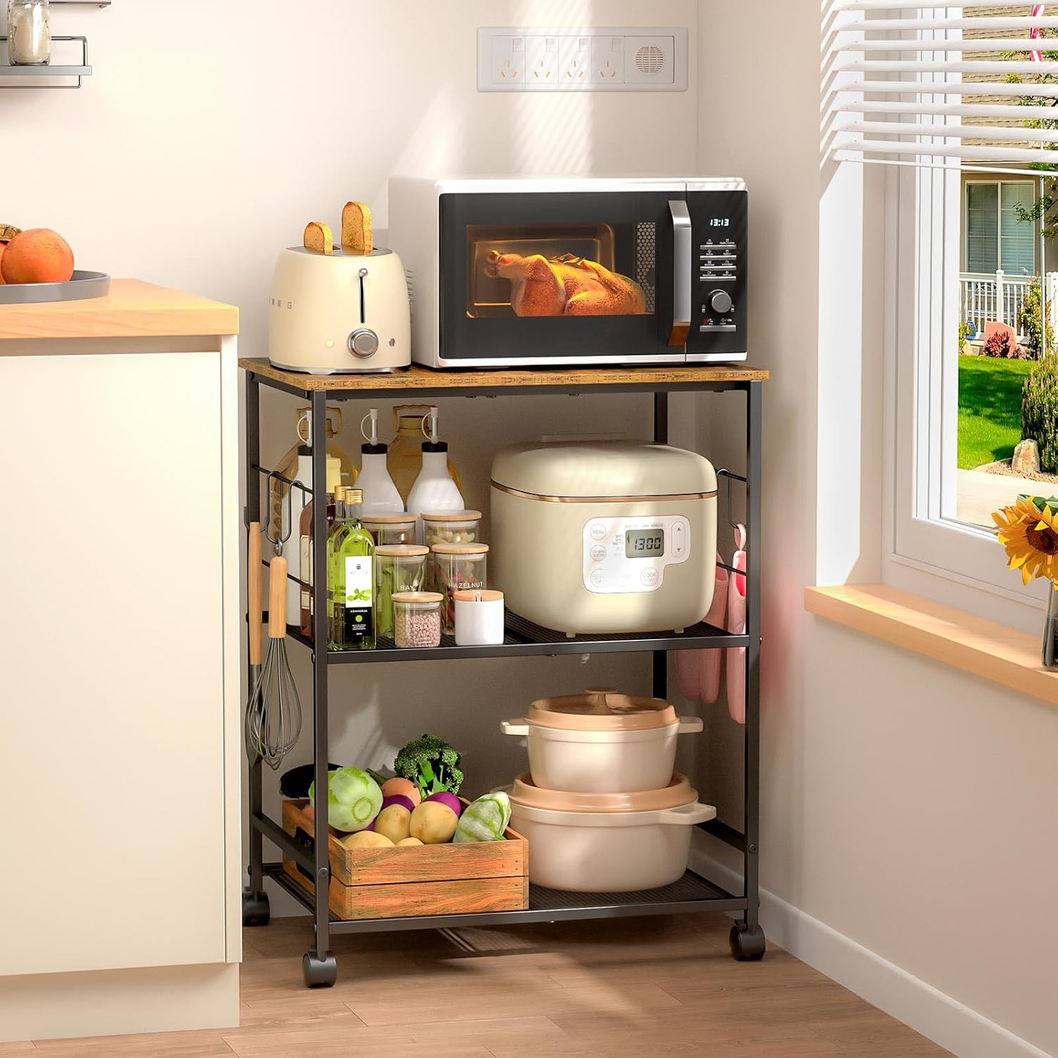 Rolling Kitchen Microwave Cart, 3 Tier Microwave Table Stand with Storage, Kitch