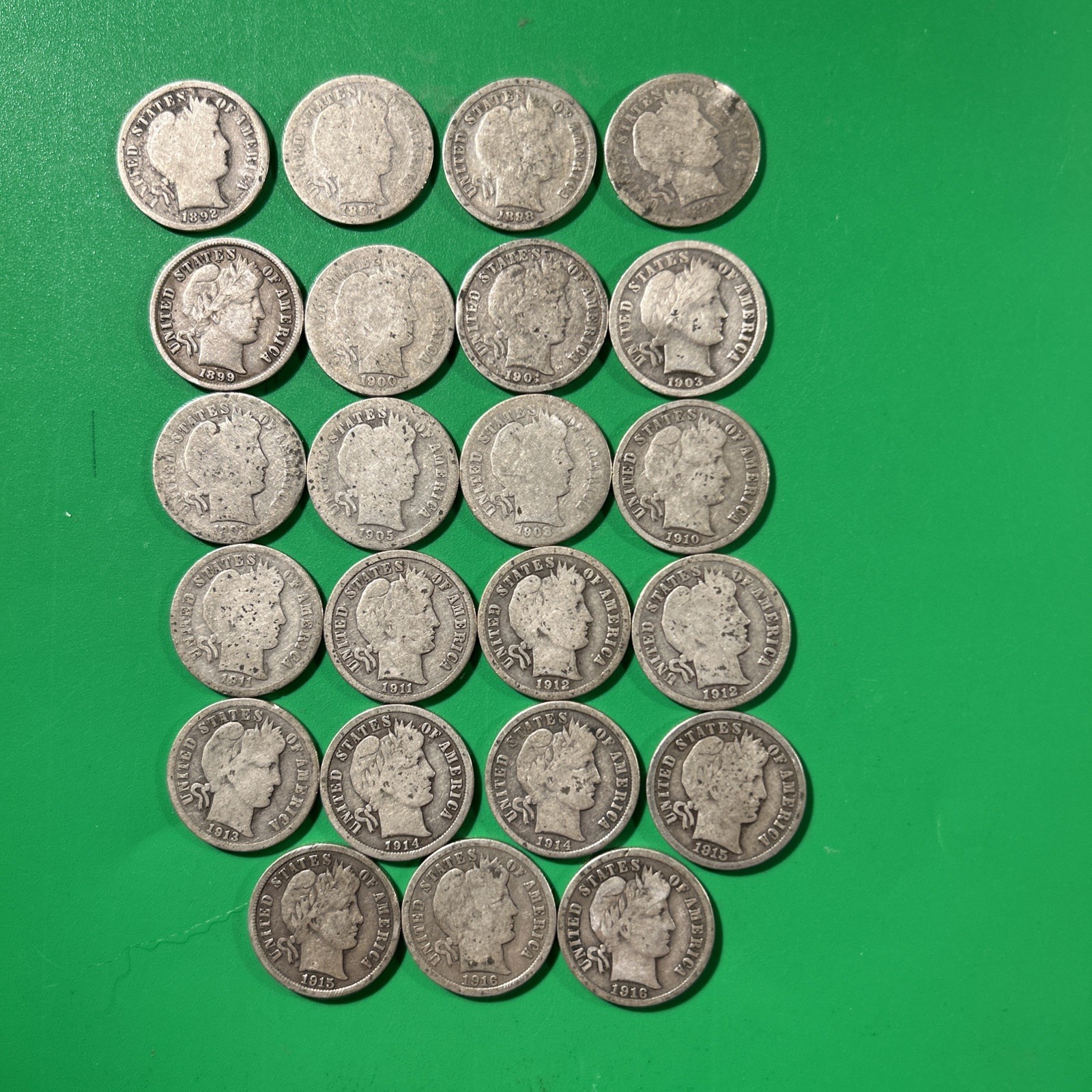 1892-1916 Silver Barber Dimes 23-Coins Various Dates & Conditions of 90% Silver.
