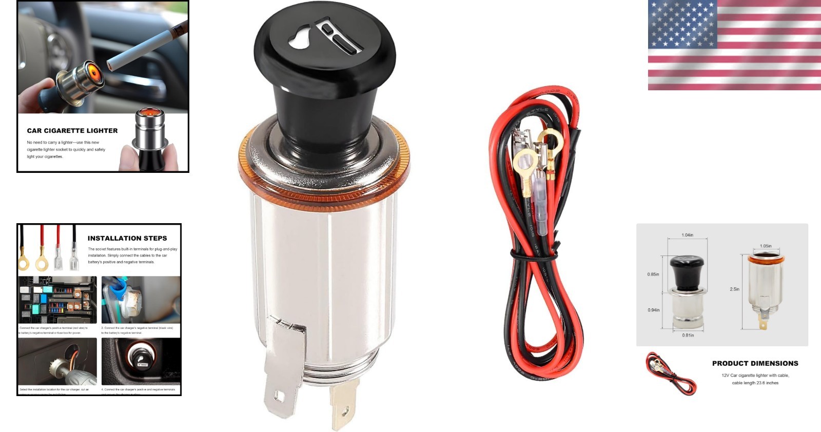DC 12V Vehicle Cigarette Lighter Element Socket Plug with Eject Button, Unive...