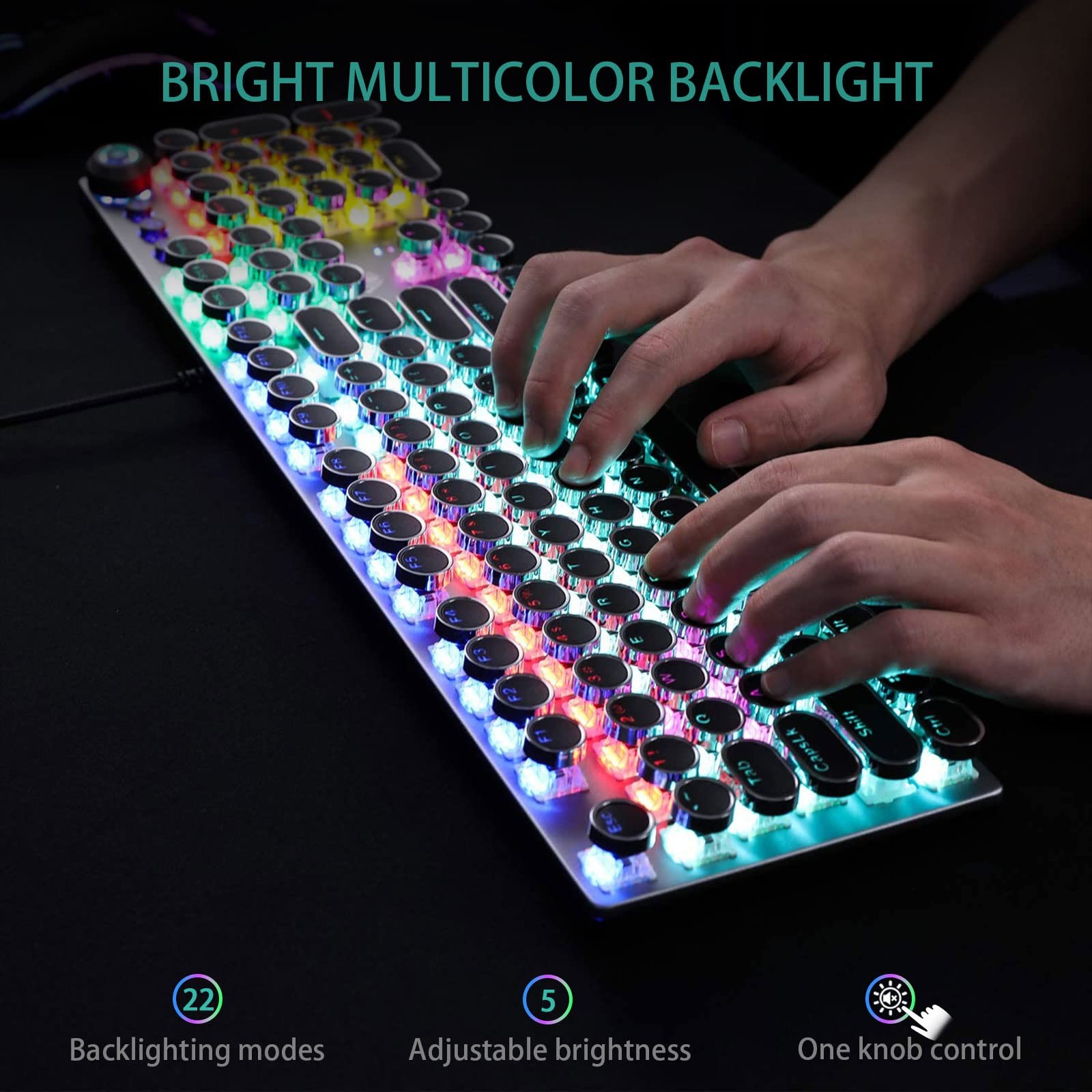 Aula F2088 Typewriter Style Mechanical Gaming Keyboard Blue Switchesrainbow Led