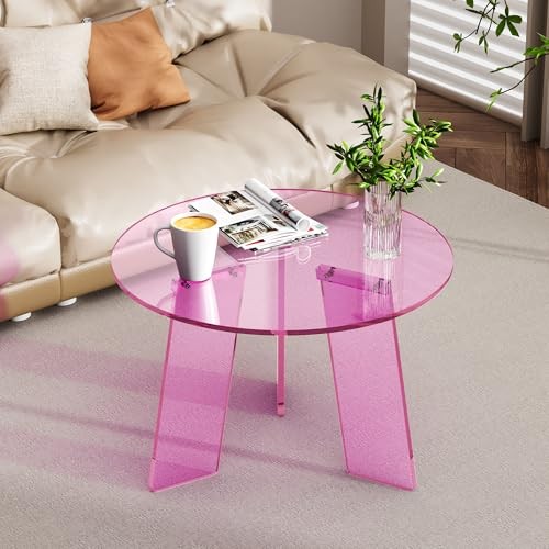 Acrylic Coffee Table Round, Clear Circle Modern Lucite Side 23.6“ × 15.7” Pink