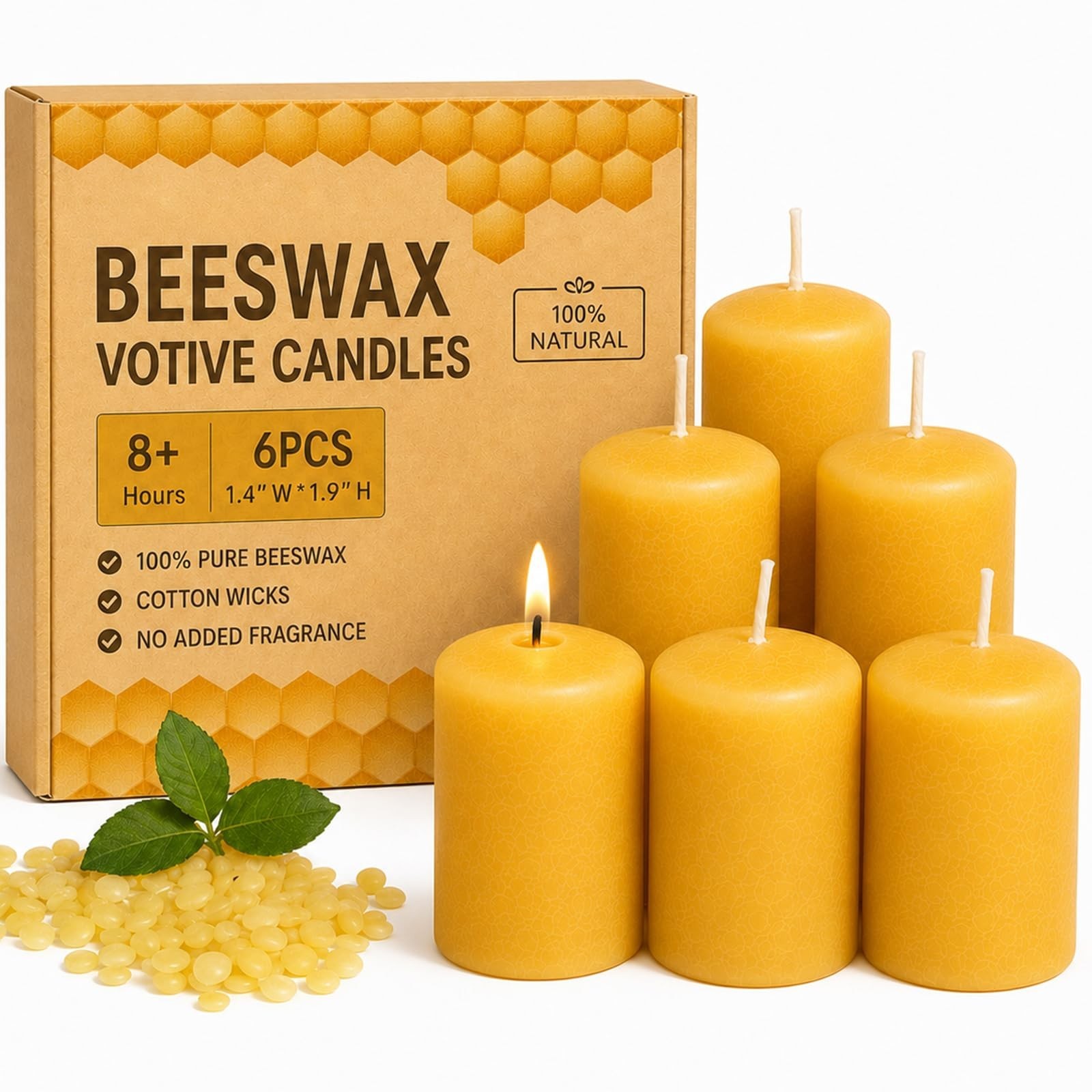 Beeswax Votive Candles,8+ Hour Unscented Small Votive Candle | Steady Burn Be...