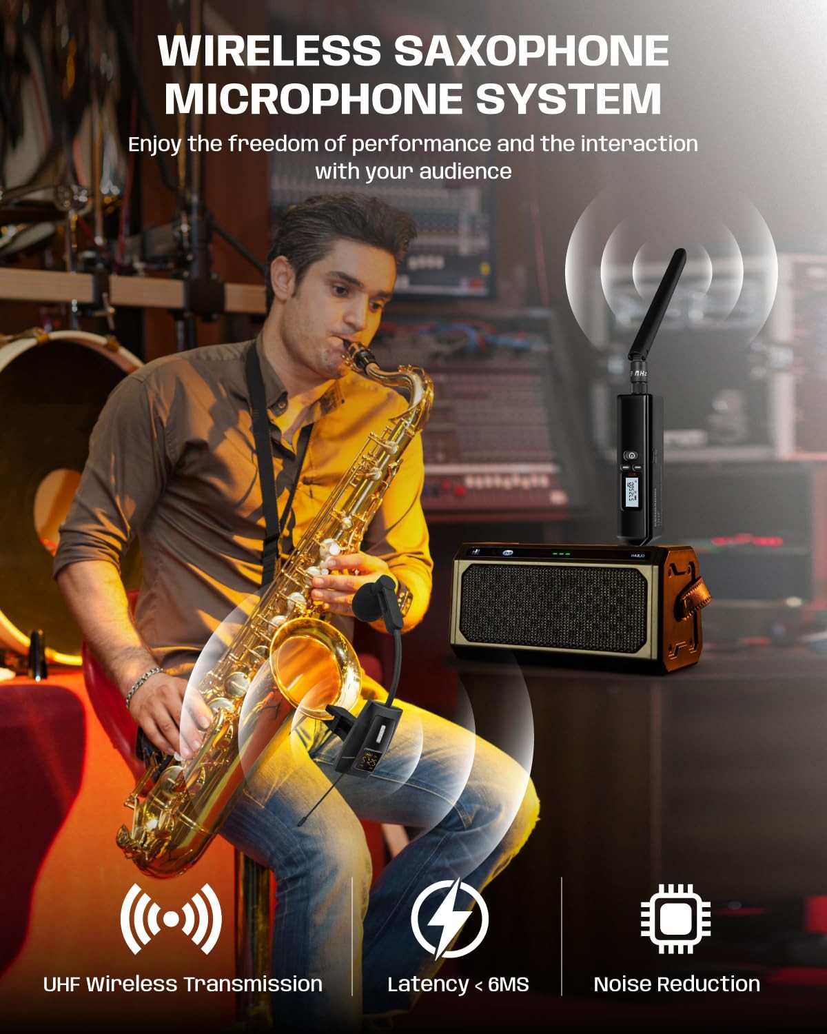 Saxophone Microphone UHF Wireless System 196ft Range - Clip on for Brass