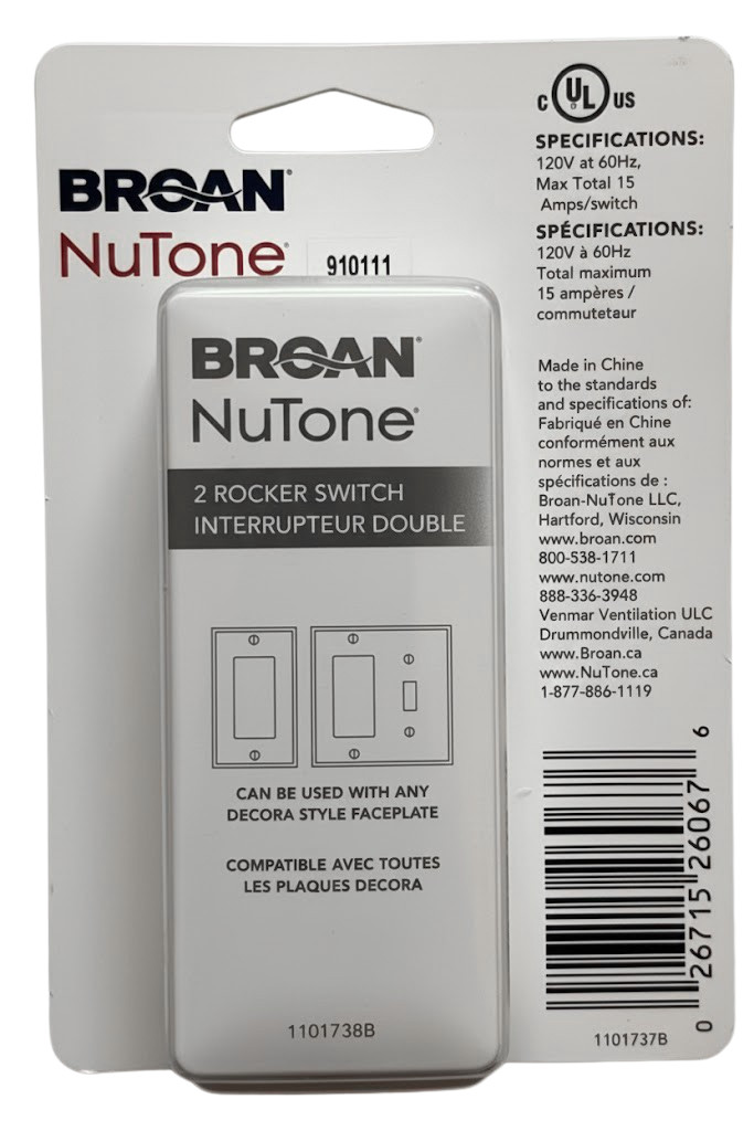 Broan NuTone P2RW White Control 2 Rocker Light Switch & Ventilation Fan NEW