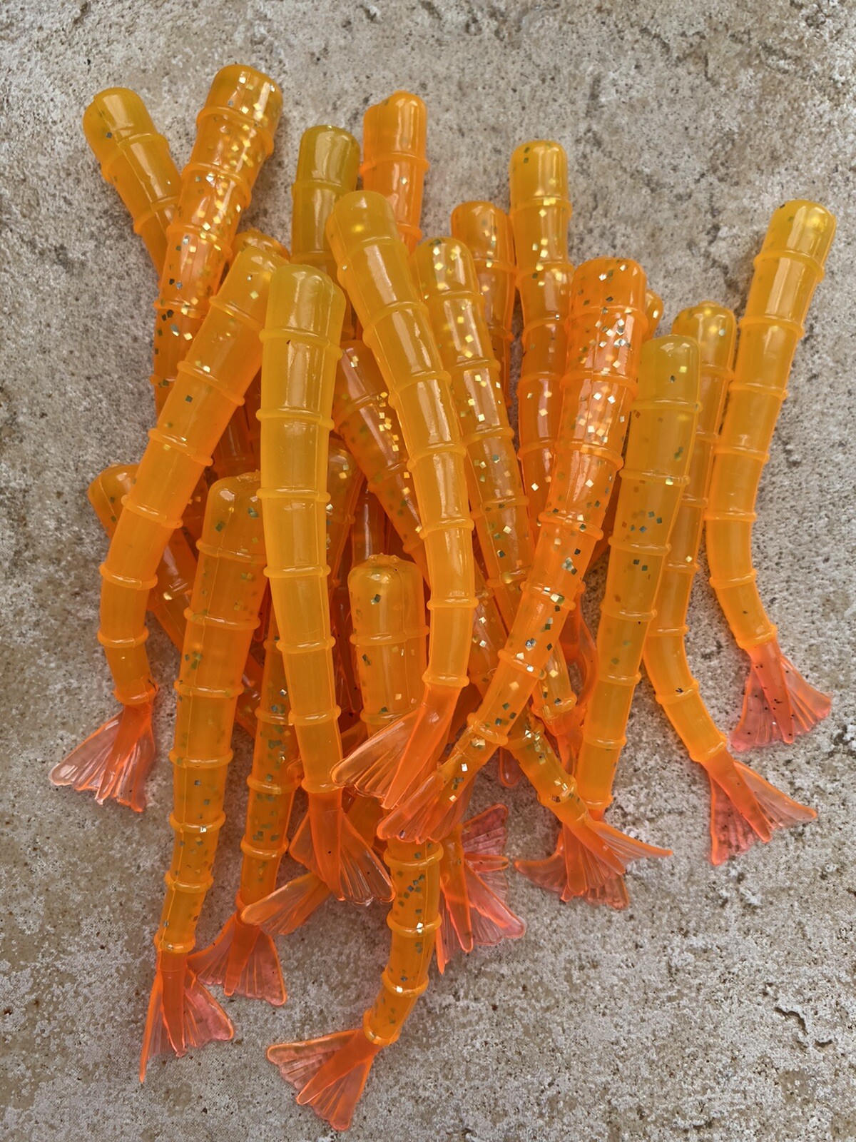 Item#32  24ct 4"Yellow/Orange w/pink tail, some w/silver glitter Shrimp tails