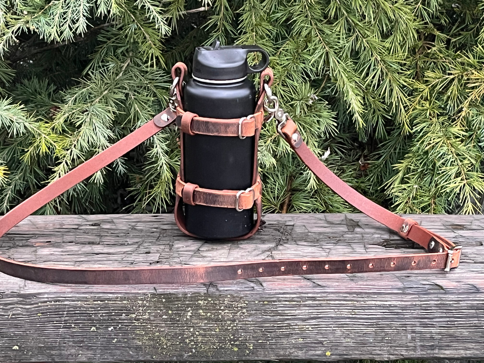 Water Buffalo leather water bottle holder, bottle carrier hand made adjustable