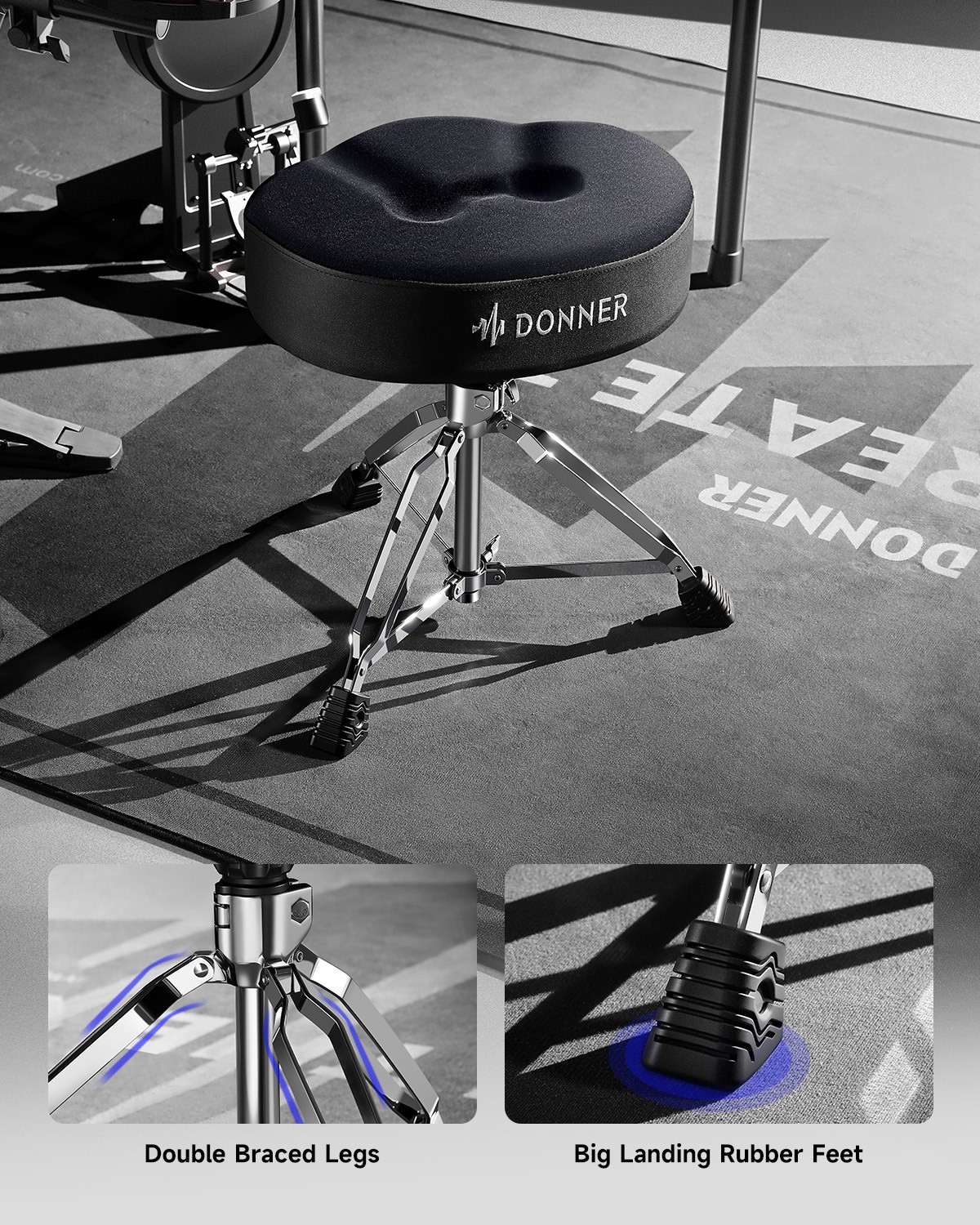 Donner Saddle Drum Throne Drum Stool Thick Memory Foam Ergonomic Seat Adjustable