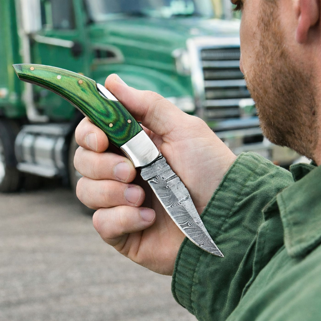 Elite Damascus Steel Folding Blade Pocket Knife Wood & Steel Bolster Handle