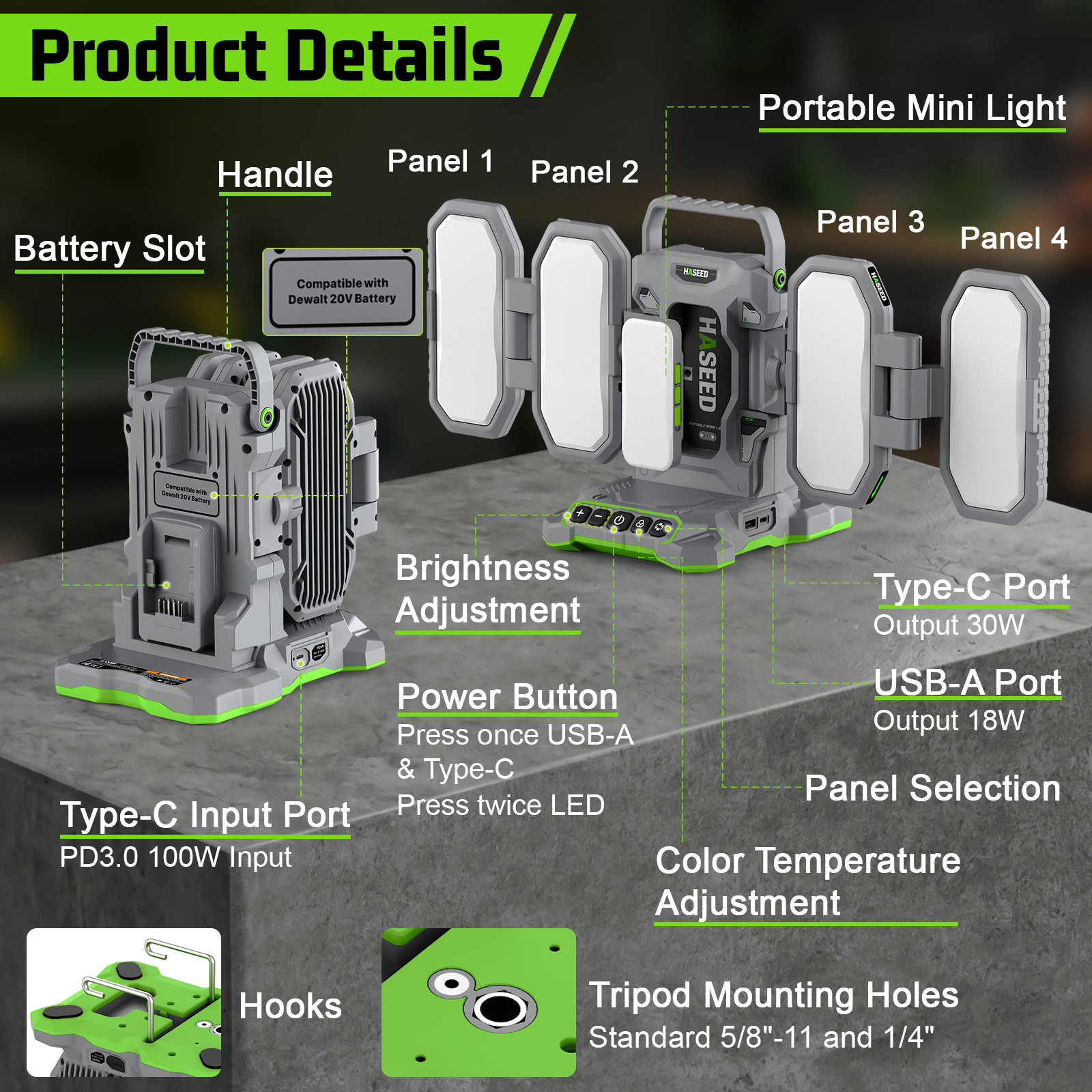 10000LM Cordless LED Work Light for Dewalt 20V Battery With 4 Panel & Mini Light