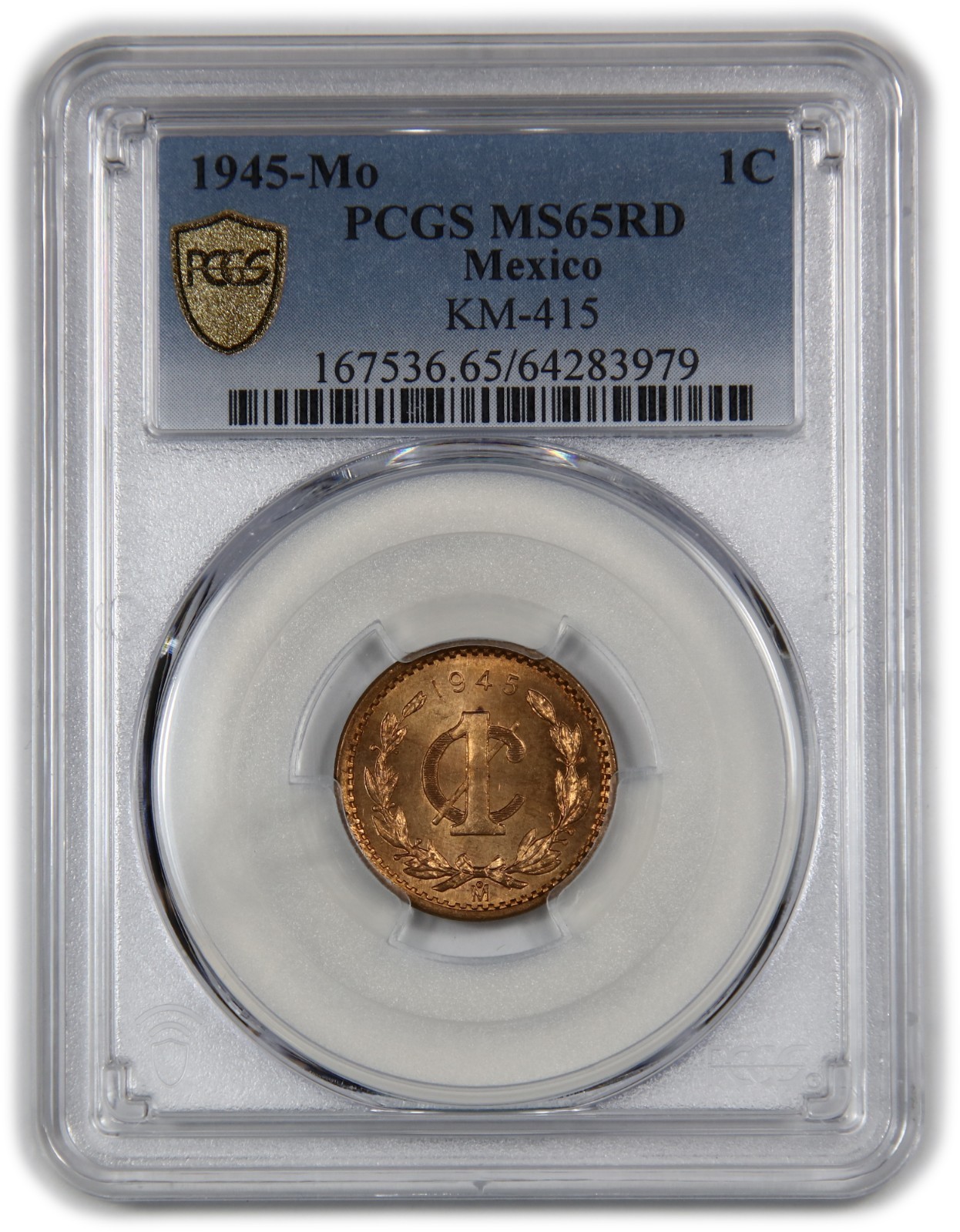 1945 Mo PCGS MS65 RD Red - Mexico 1 One Centavo 1c Coin #62387A