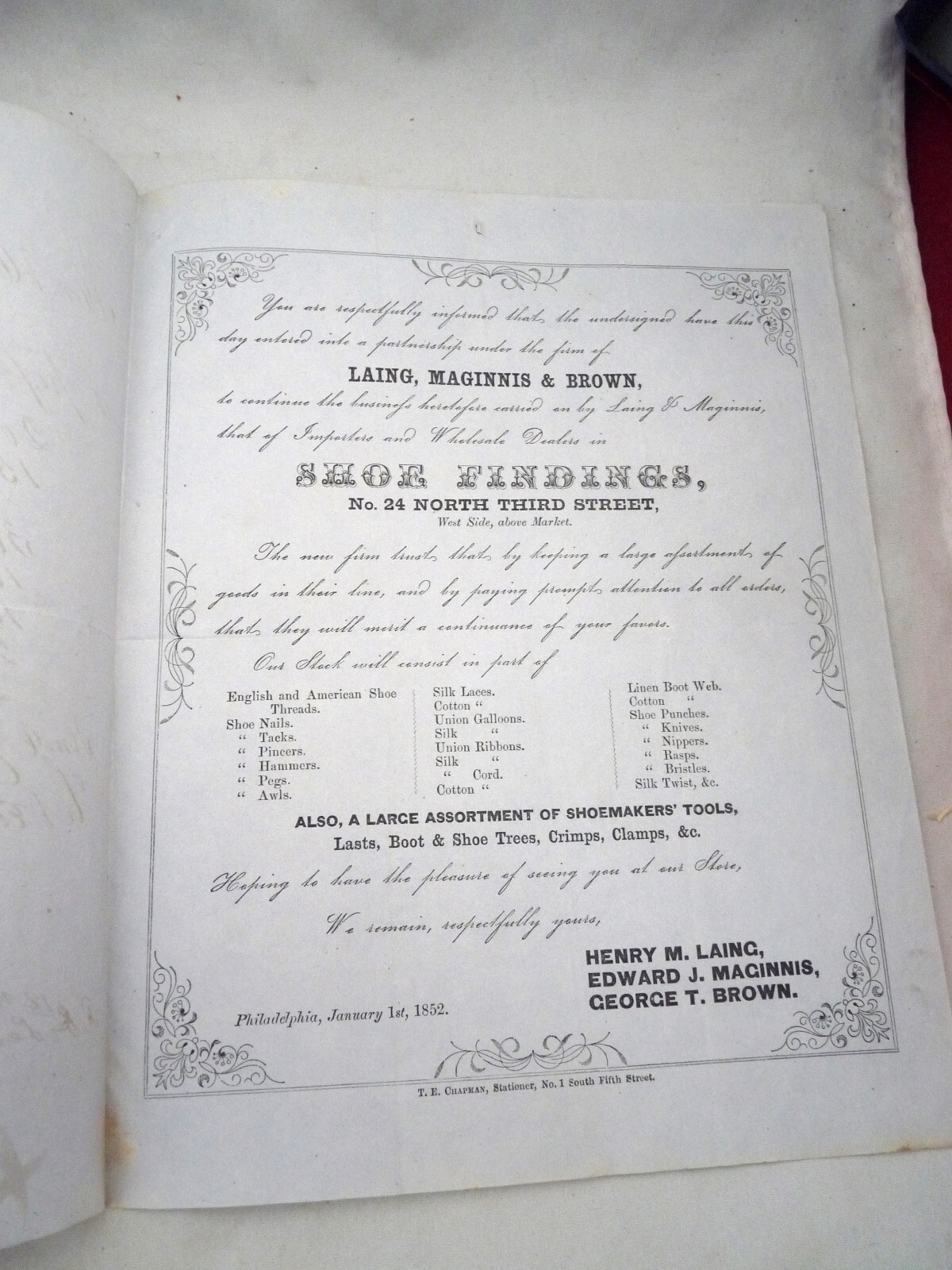 1852 Laing Maginnis Brown shoe findings Philadelphia advertising flyer letter