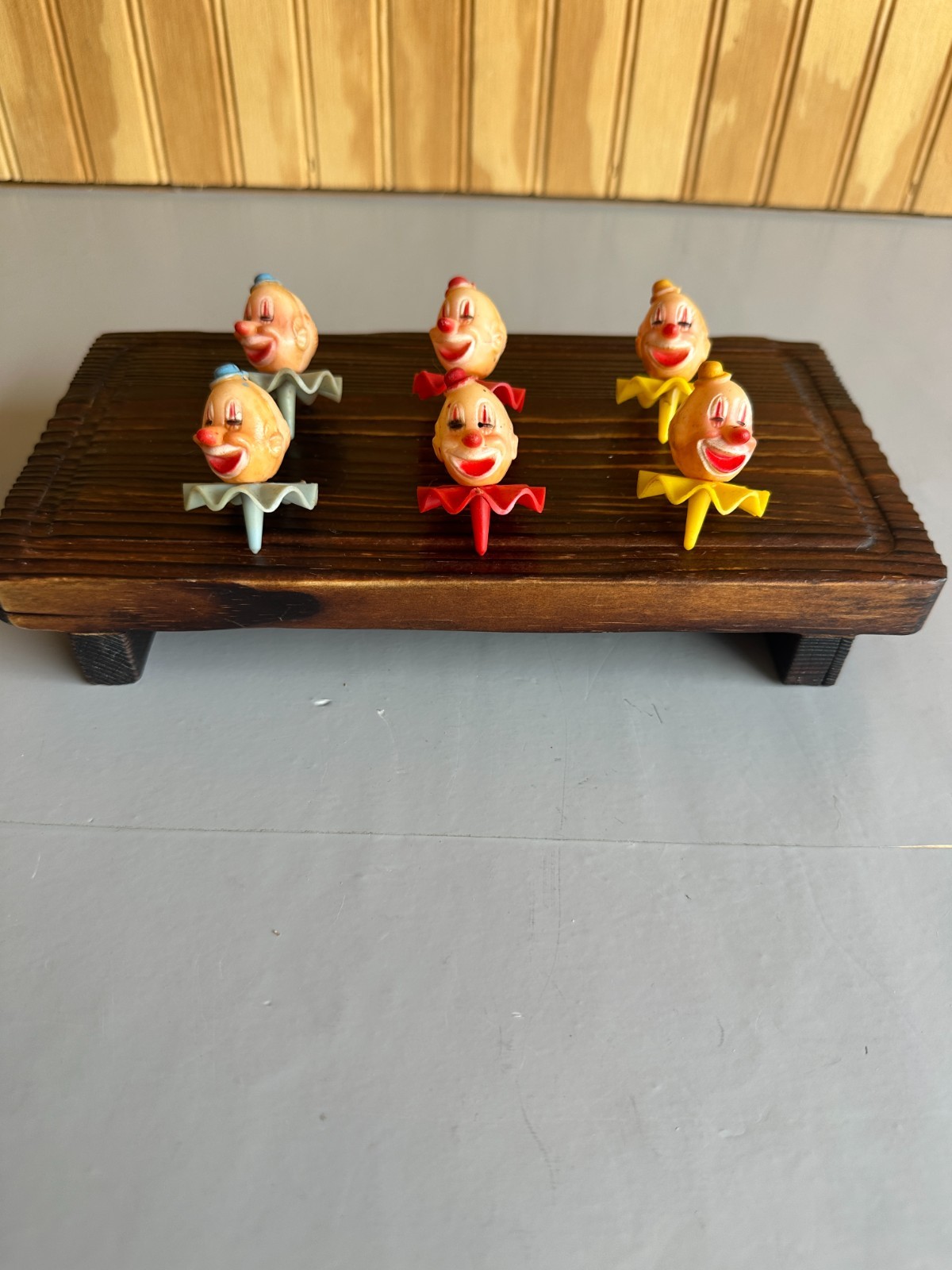 Vintage Circus Clown Heads  Set of 6 Cake Toppers 2 Red 2 Blue 2 Yellow