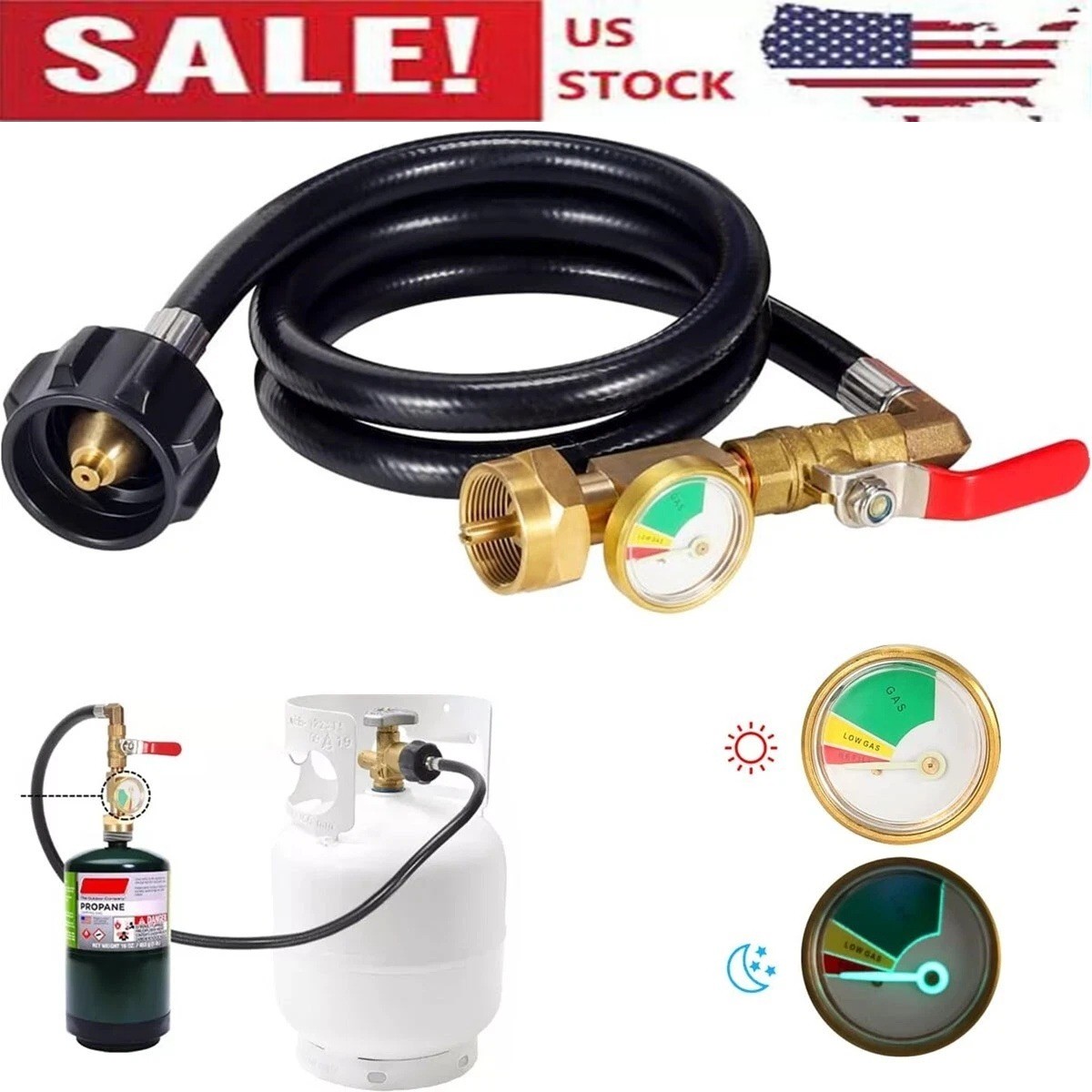 4FT Propane Adapter Refill Adapter Hose, Universal QCC1/Type 1 with Propane Gaug