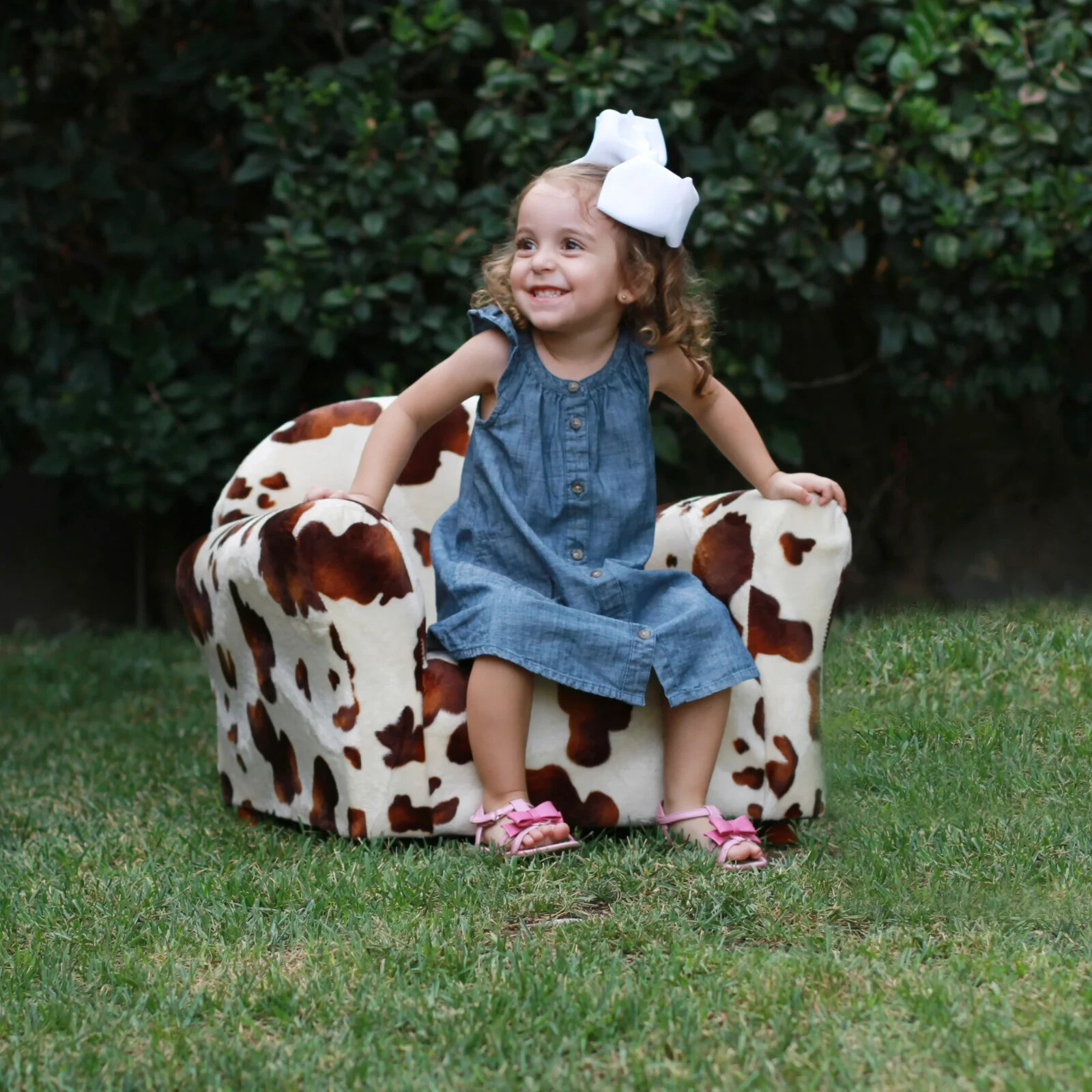 Kids Arm Chair Cute Cow Pattern Faux Fur Pony Horse Cushion Seat White Brown Sit