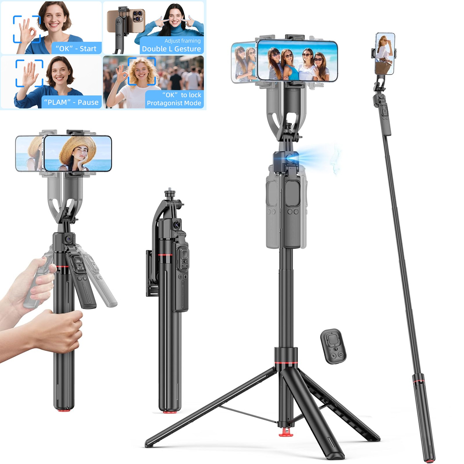 69'' Auto Face Tracking Selfie Stick Phone Tripod with Remote & Gesture Control