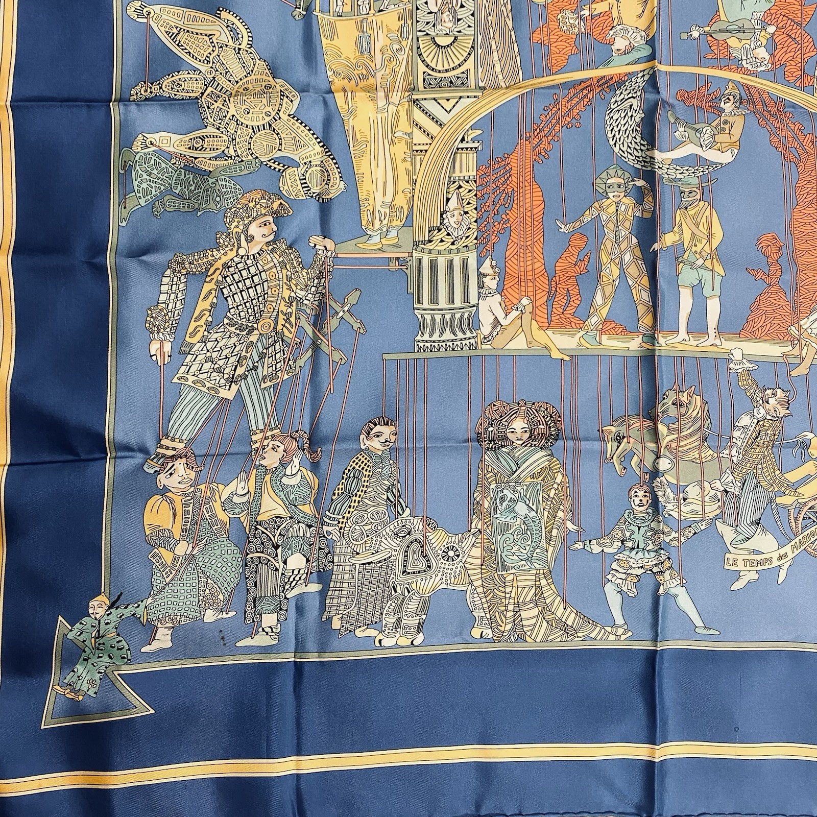 HERMES Women Silk Scarf Blue Multicolor Le Temps Des Marionnettes Carre 90