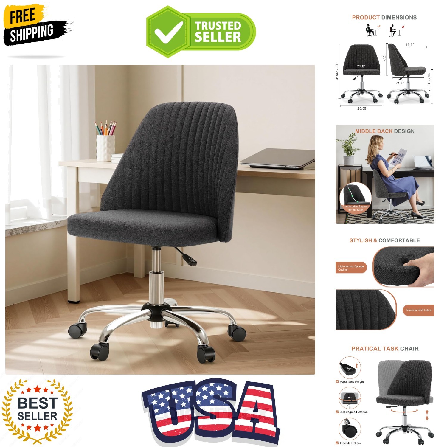 Office Chair, Comfy Desk Chair Rolling Vanity Swivel Task Chairs with Wheels,...