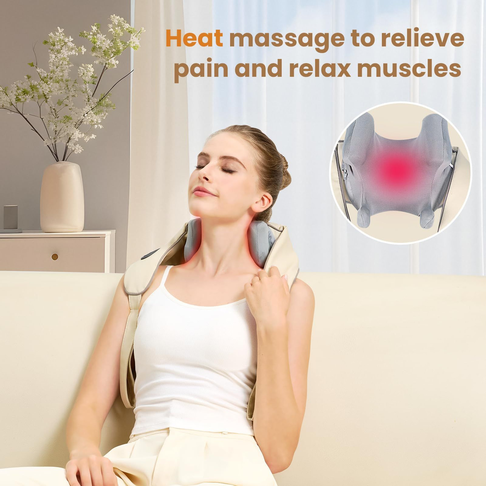 Mgfdget Wireless 4D Shiatsu Neck Massager with Heating Function, Off White