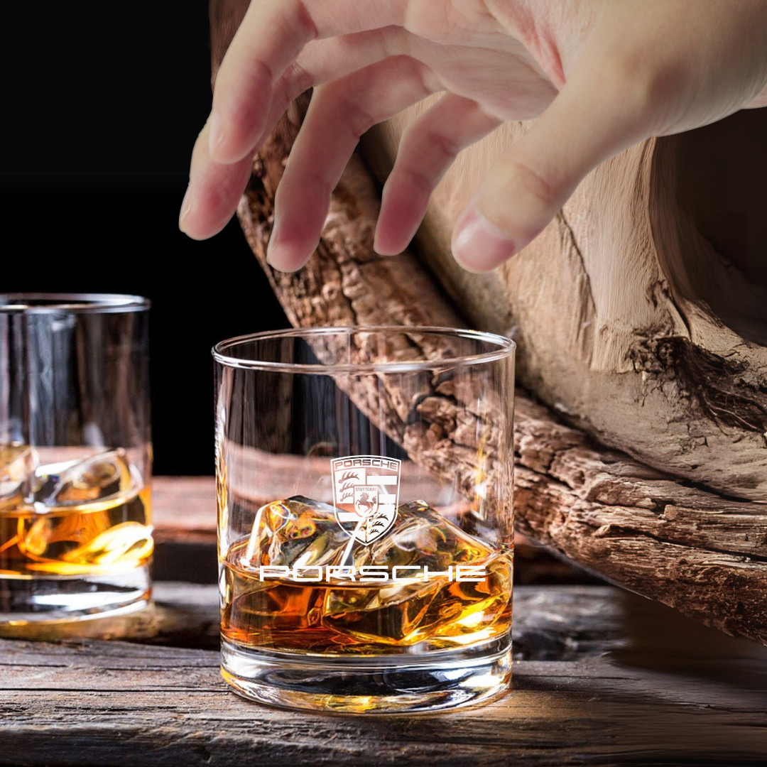 Custom Engraved Porsche Style Whiskey Glass – 7 oz Small Rocks Glass