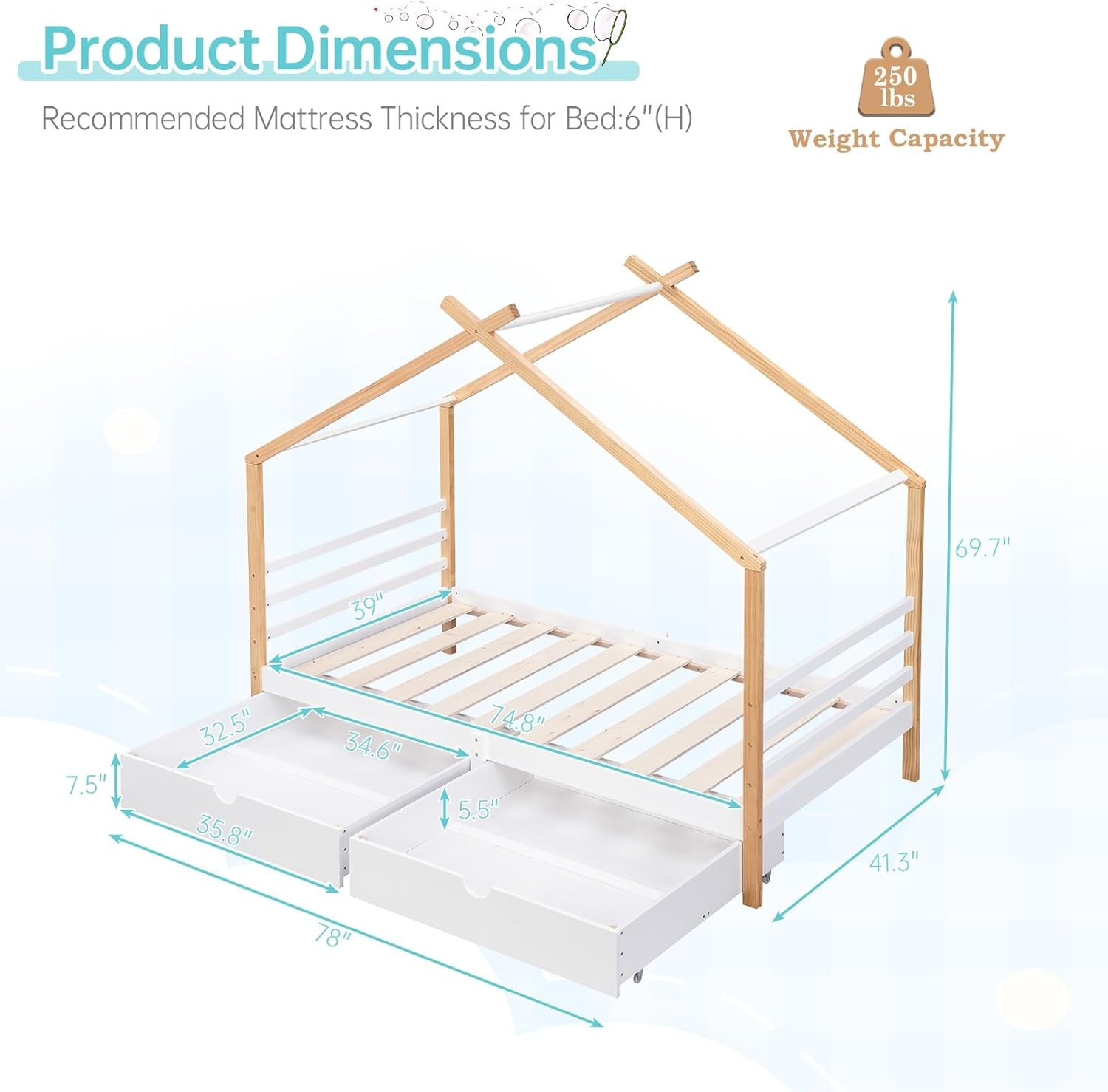 Twin Size Kids House Bed Frame 2 Storage Drawers Wooden Platform Bed