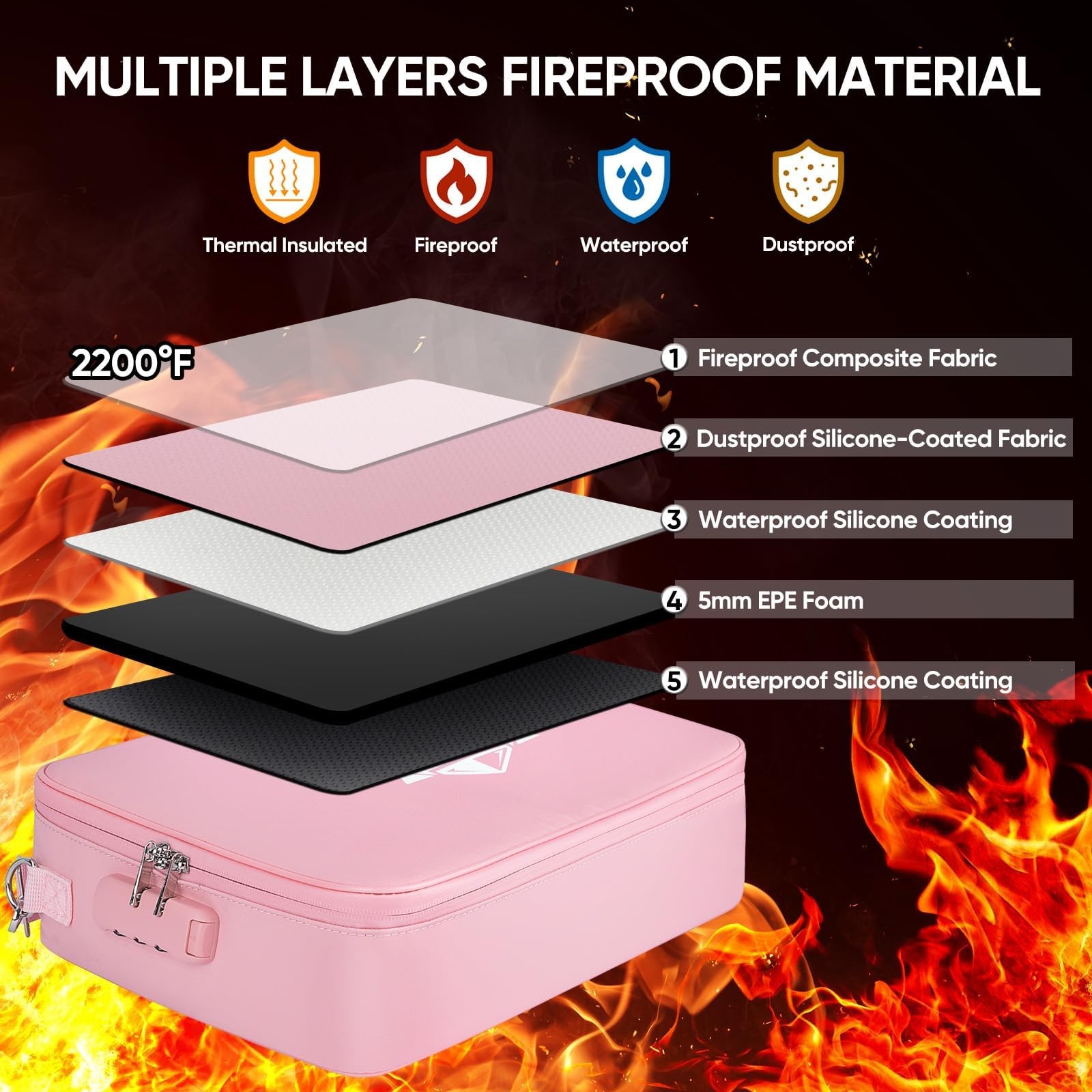 BALEINE Fireproof Document Box with Lock, Portable Fireproof Document Bag Wat...