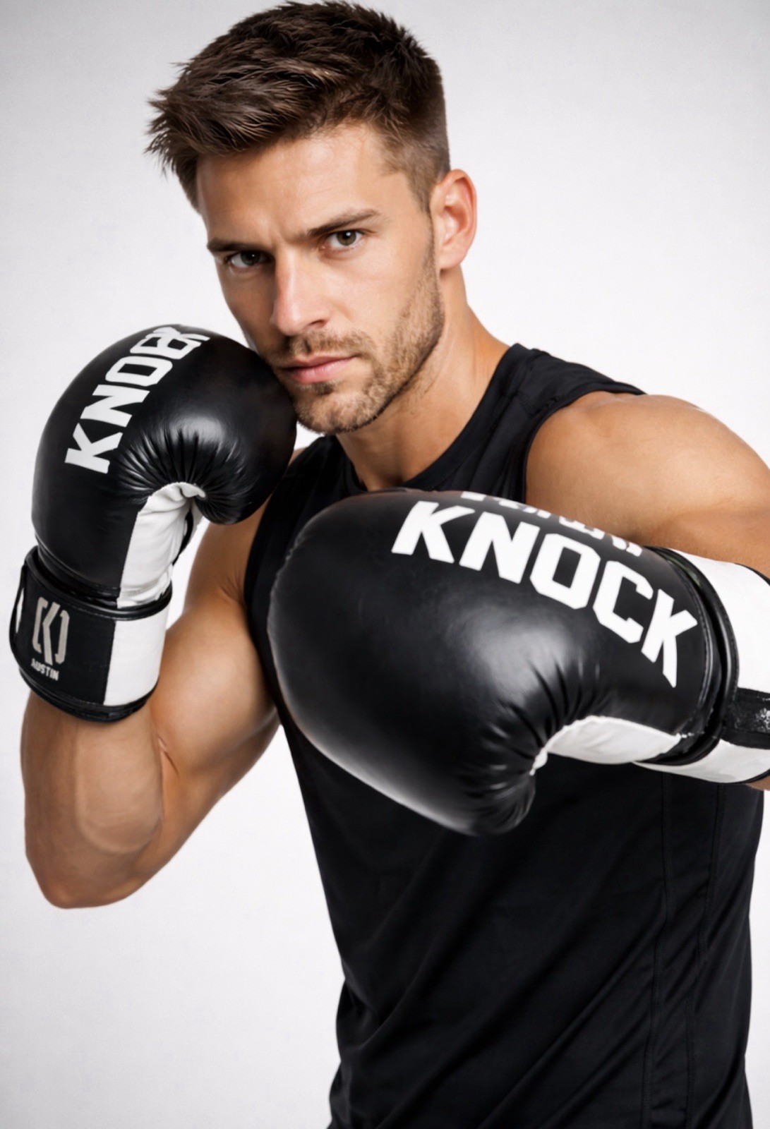 Knockout Austin Boxing Gloves 14 oz Leather Black White Hook Loop(F108)”””