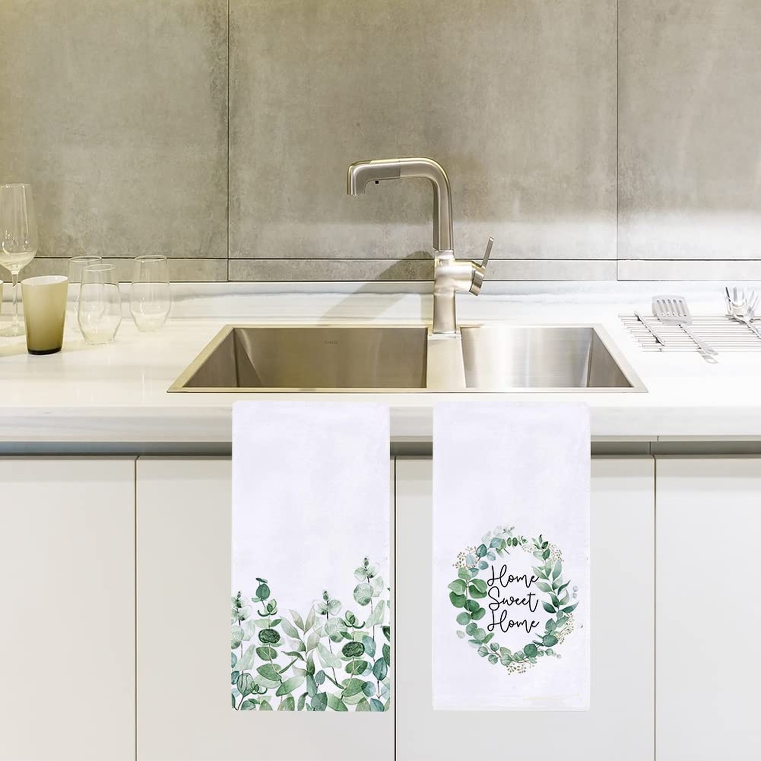 Watercolor Eucalyptus Leaves Home Sweet Home Kitchen Dish Towel 18 x 28 Inch,...