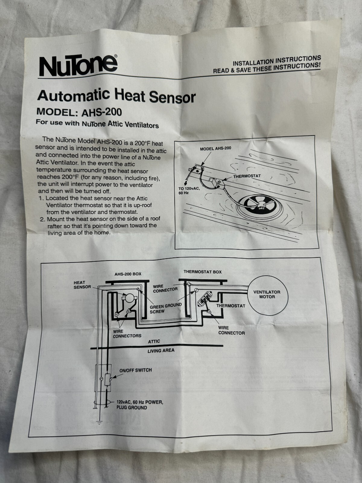 NUTONE AHS-200 AUTOMATIC HEAT SENSOR 10 AMP 120 V 60 HZ