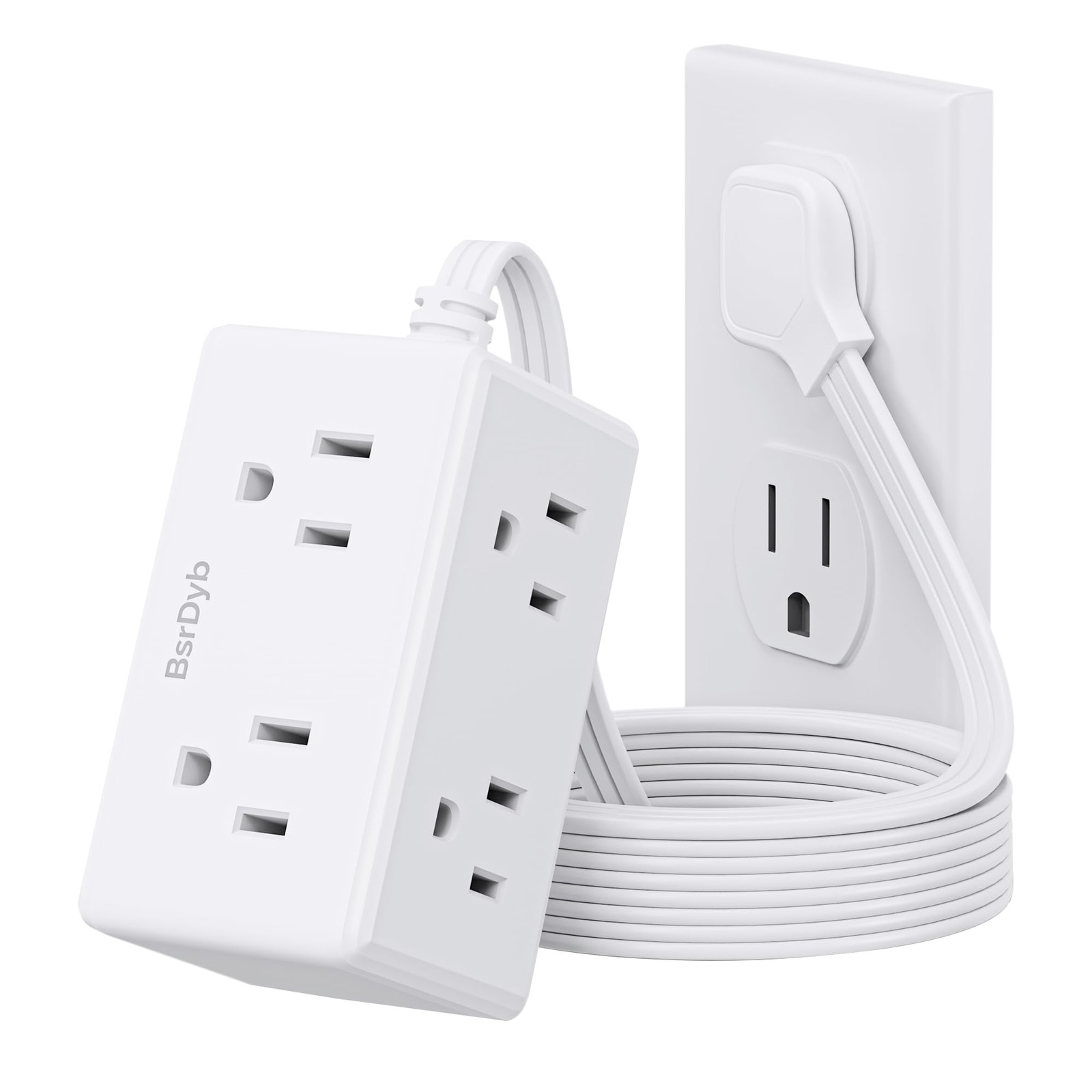 5Ft Flat Plug Small Power Strip,3-Side White Extension Cord with 6 Wide Outle...
