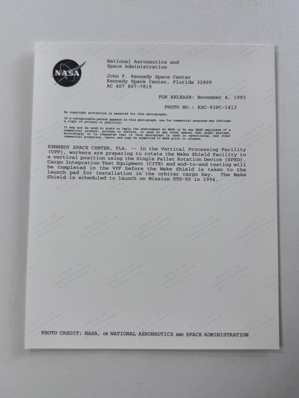 NASA STS-60 Wake Shield Facility Vertical Rotation Press Photo