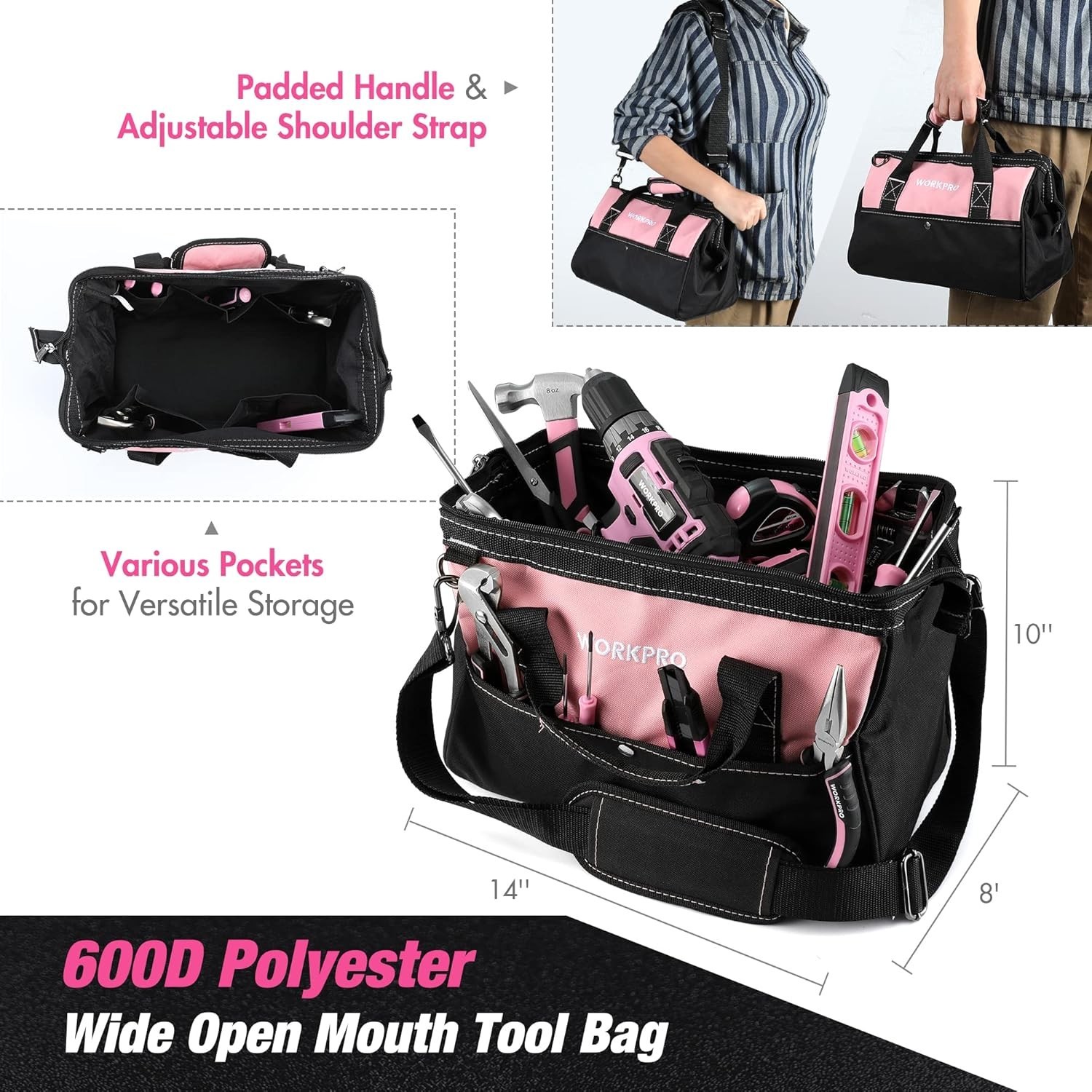 Pink Tool Kit with Drill, Tool Set with 20V Cordless Lithium-ion Drill Driver...