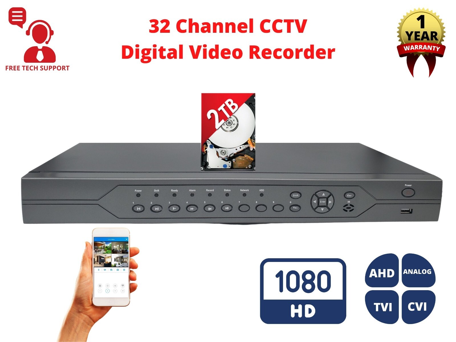 Evertech 32 Channel H265 AHD TVI CVI Analog Digital Video Recorder 2TB Recording