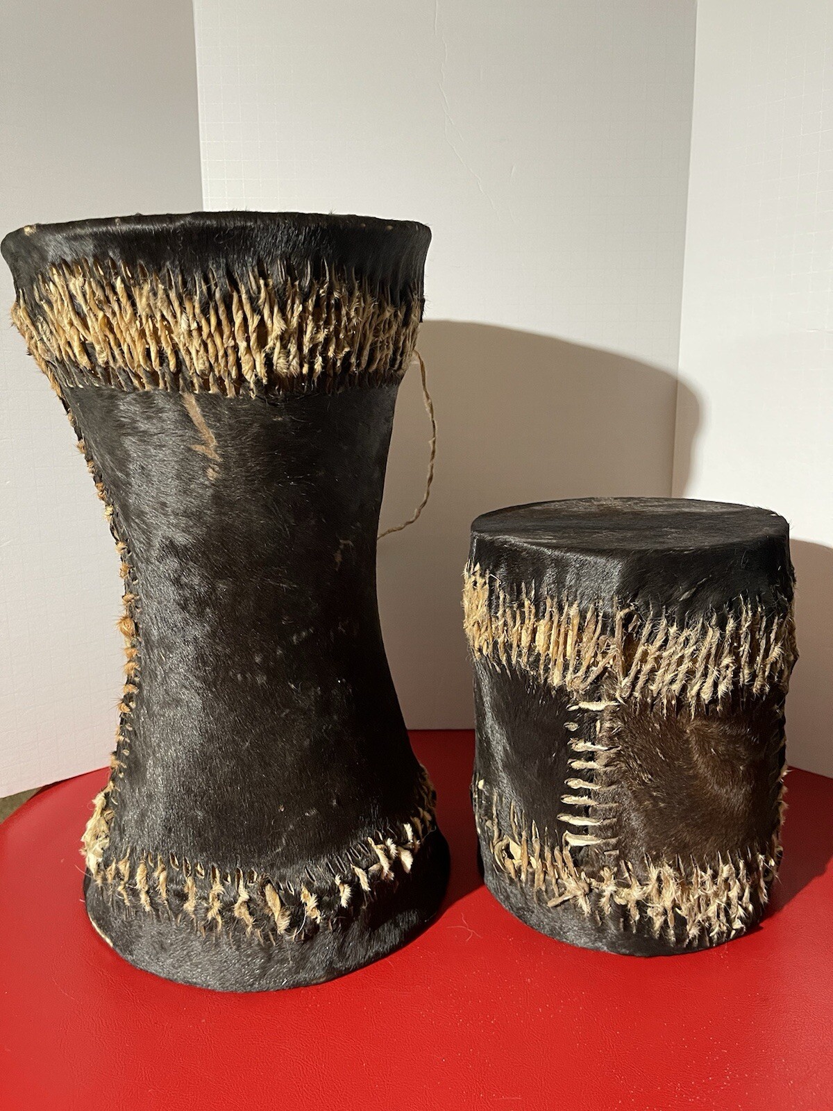 Set Of 2 Handmade African Bongo Drums With Strap, Wrapped With Animal Leather