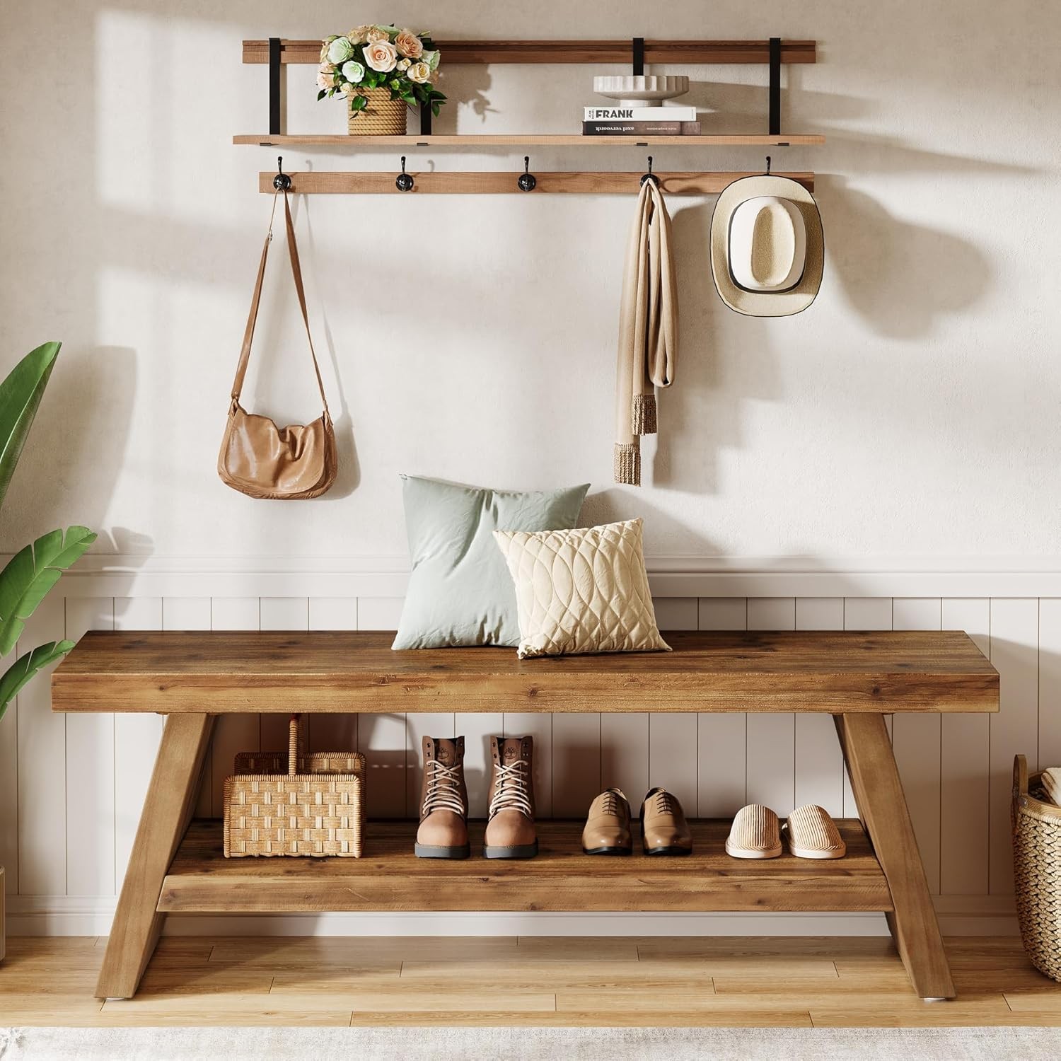 2-Tier Entryway Bench, Solid Wood Seating with Open Shelves for Hallway Foyer
