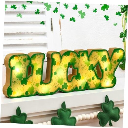 Leinuosen Light up St Patricks Day Decorations for Table Wooden Lucky Decor